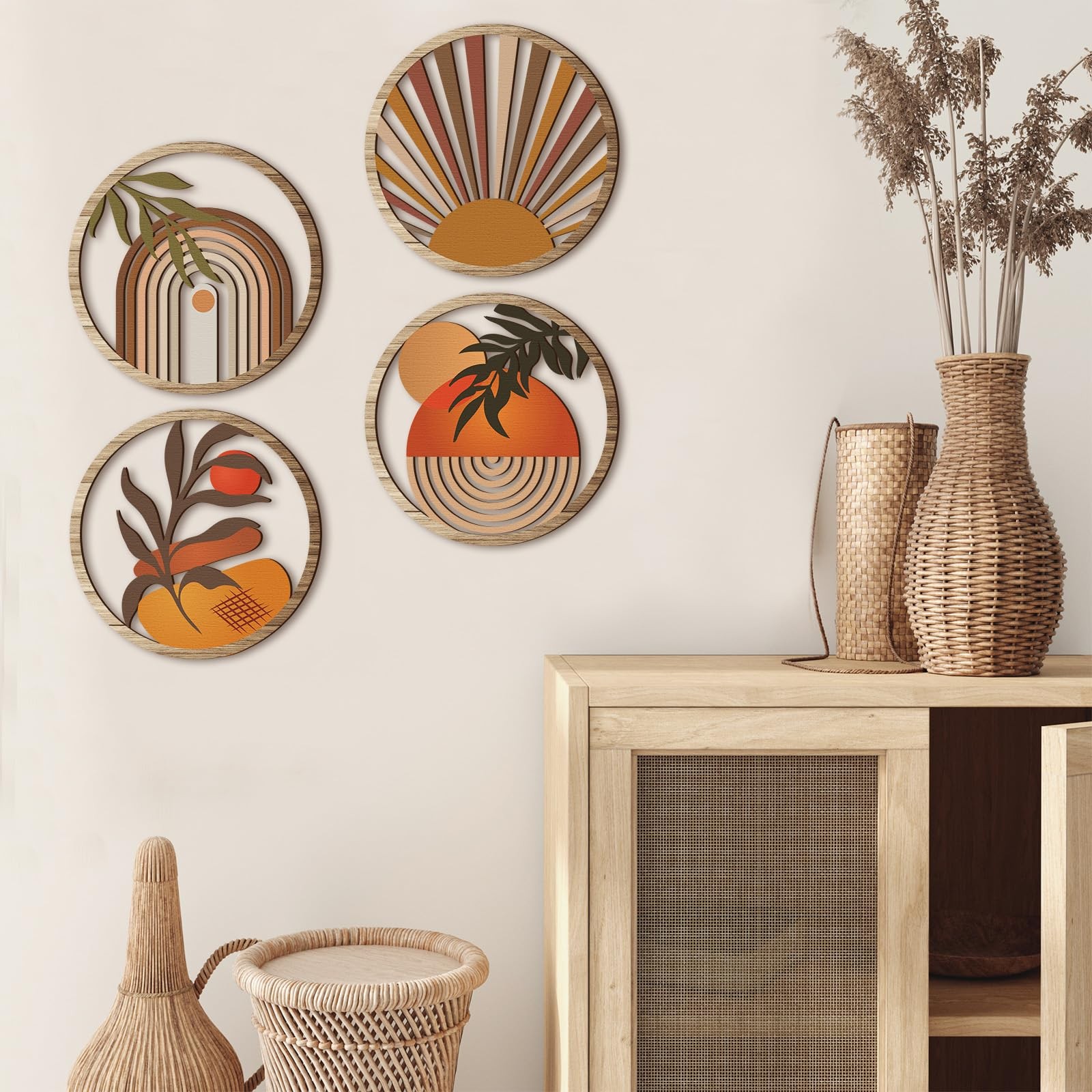 4 Pcs Boho Wall Art Bohemian Wooden Round Circle Wall Decor Hollow out Hangin…
