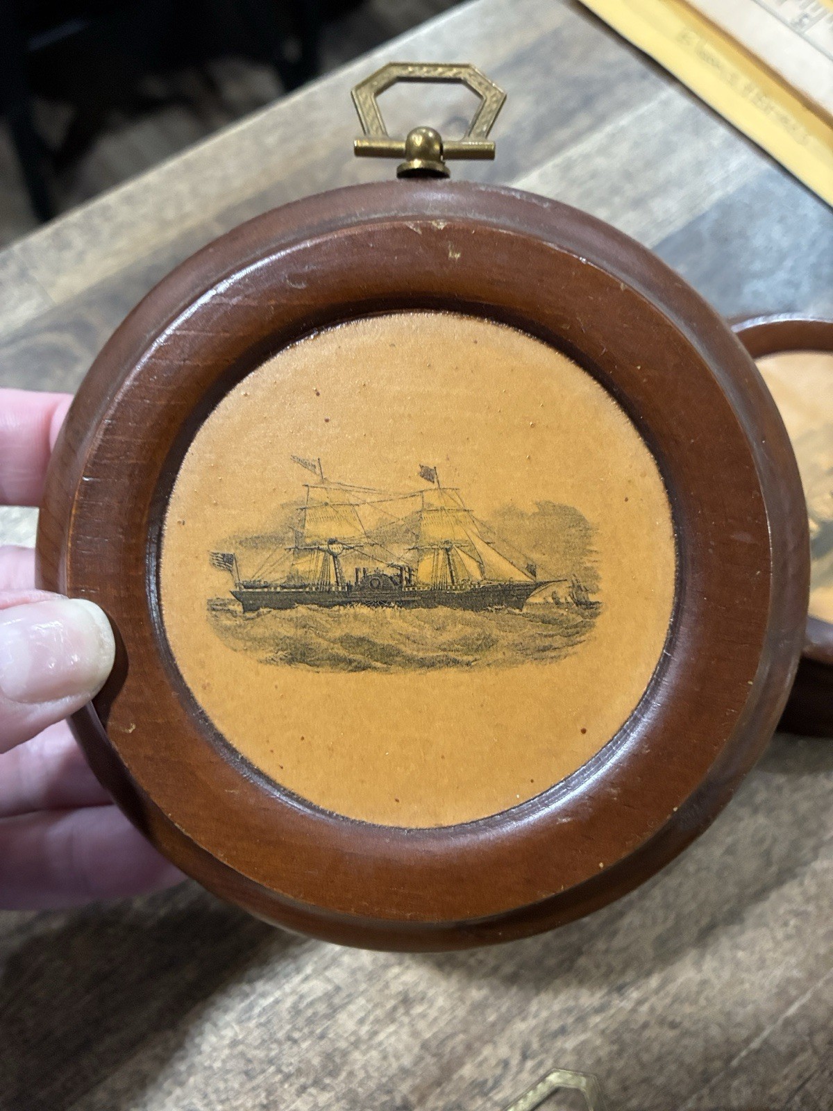 Wooden Ship Illustration Wall Hanging, Round, 4 Inch Diameter, Set of 4