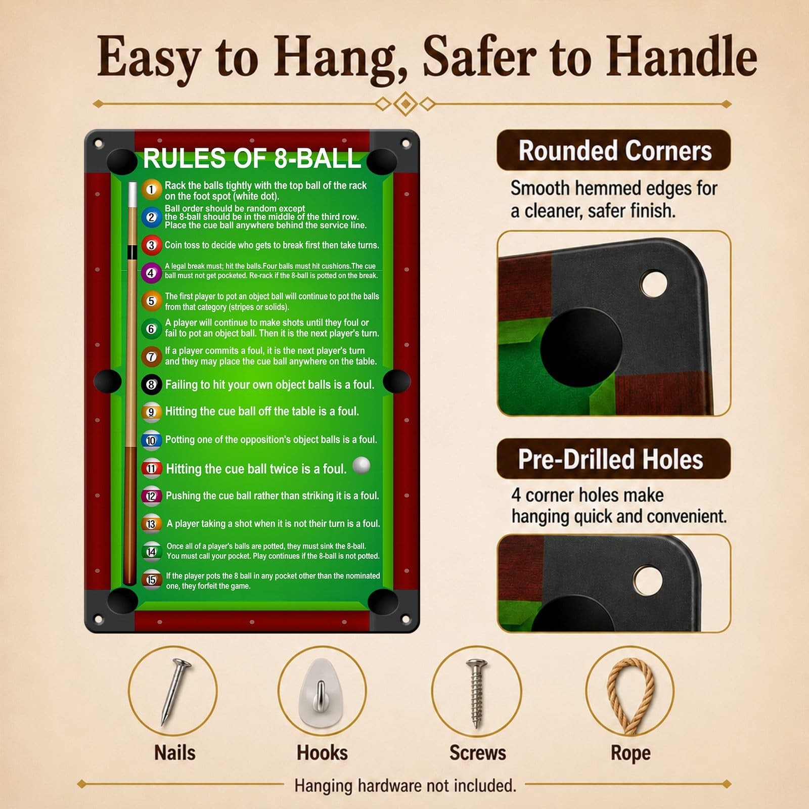 8 Ball Pool Rules Aluminum Sign 8x12in Billiard Room Wall Art Decor