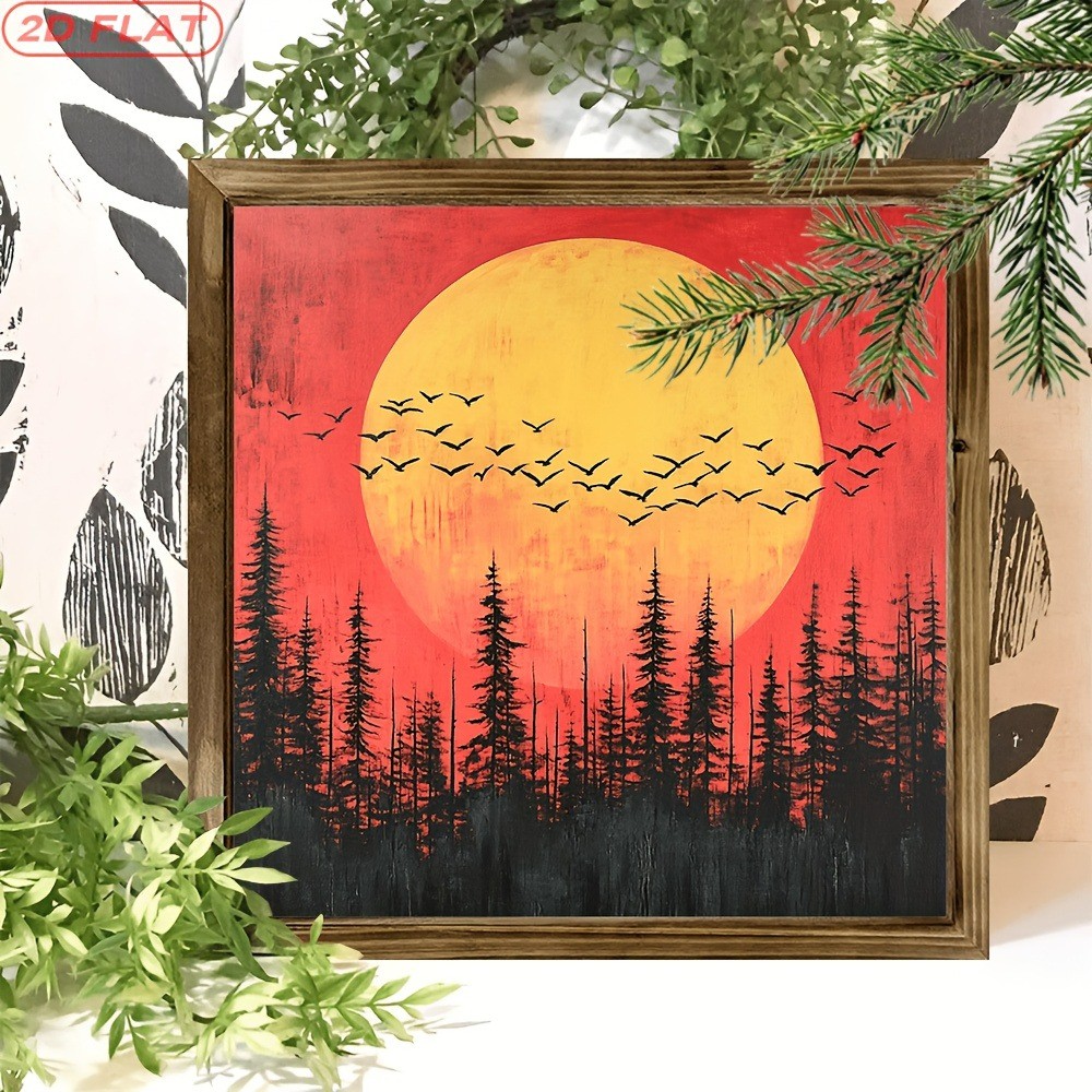 Sunset Forest Pine Tree Bird Wooden Sign Rustic Decor for Bedroom Cafe Gift