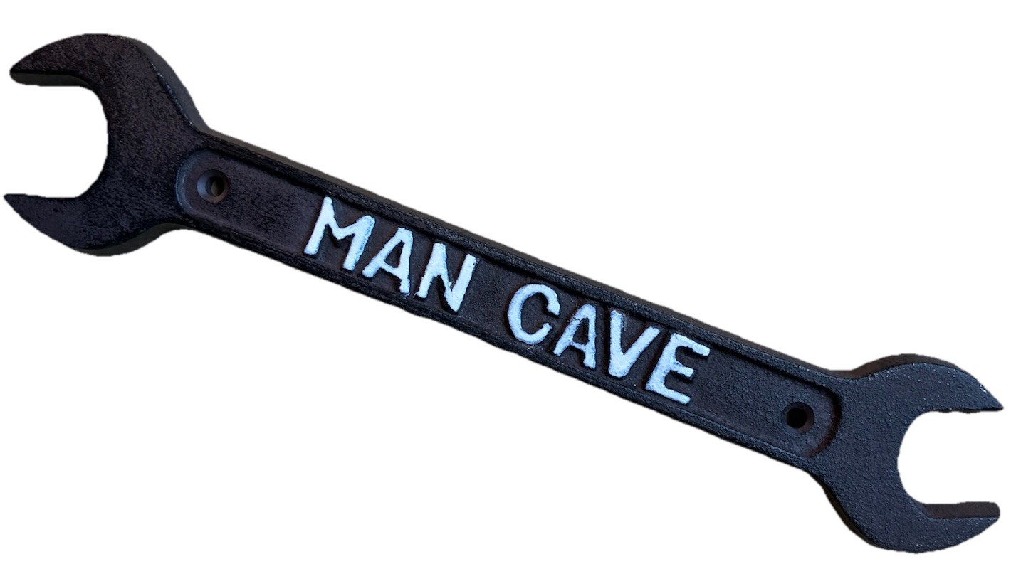Rustic Cast Iron Man Cave Marker Door Plaque Sign Wrench Brown Patina 11-1/2 in