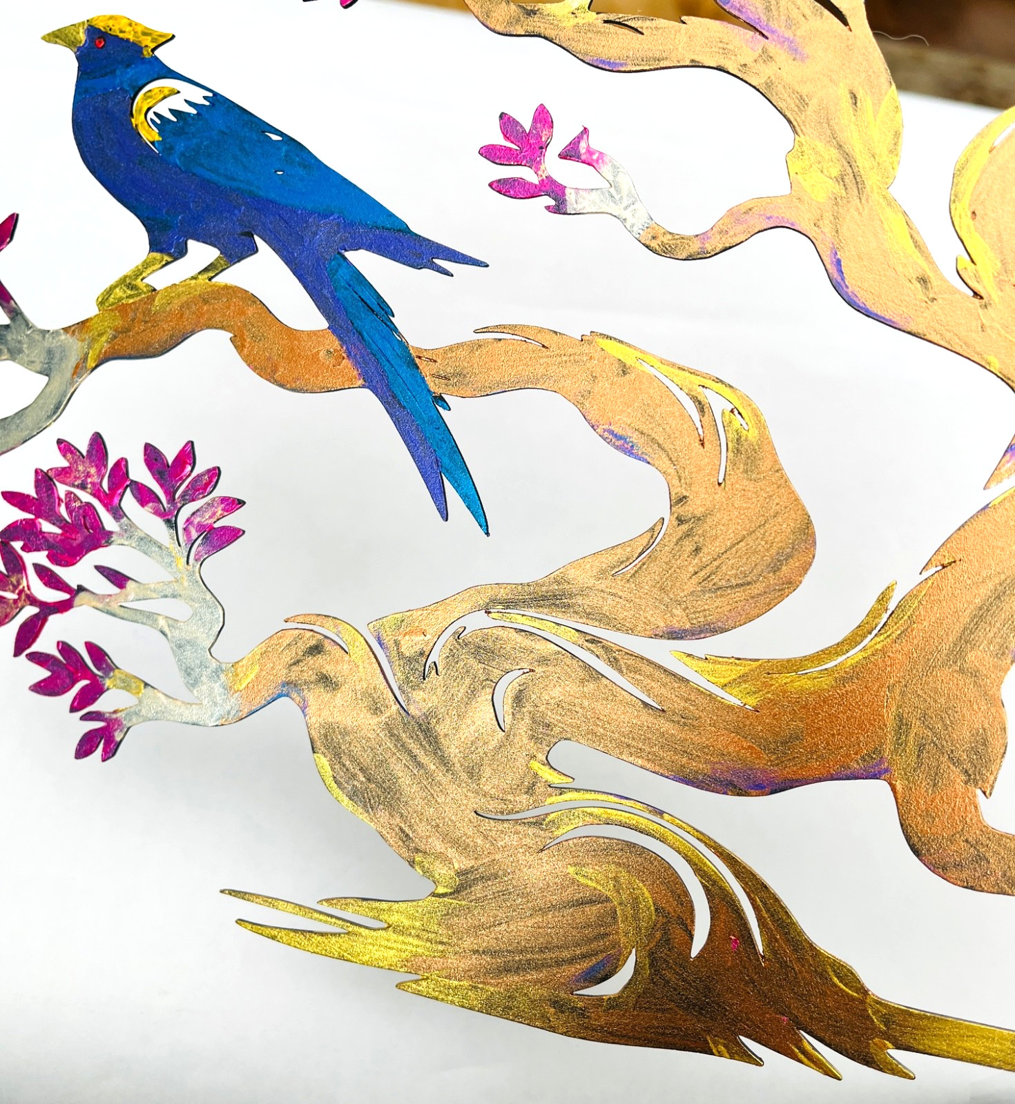 Tree of Life Metal Wall Art Hand Painted Metallic Paints Tree + 1 Blue Bird