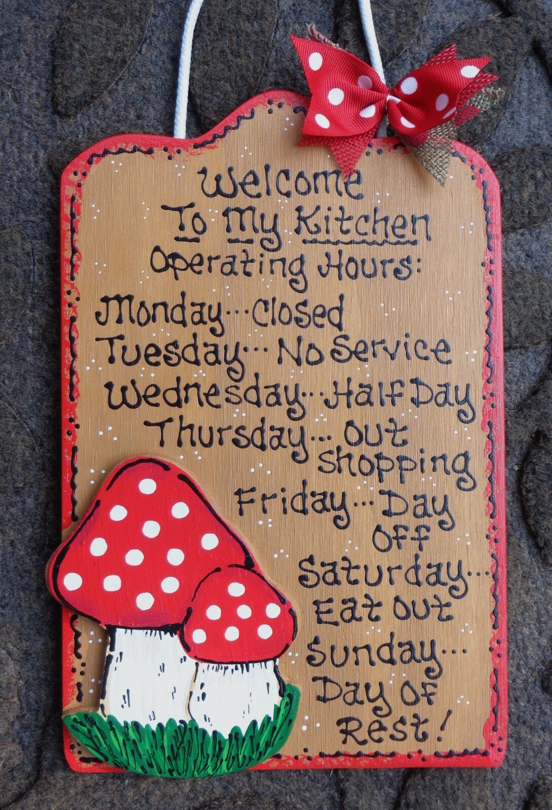 MUSHROOM OVERLAY Red White Kitchen Operating Hours SIGN Plaque Wood Wooden