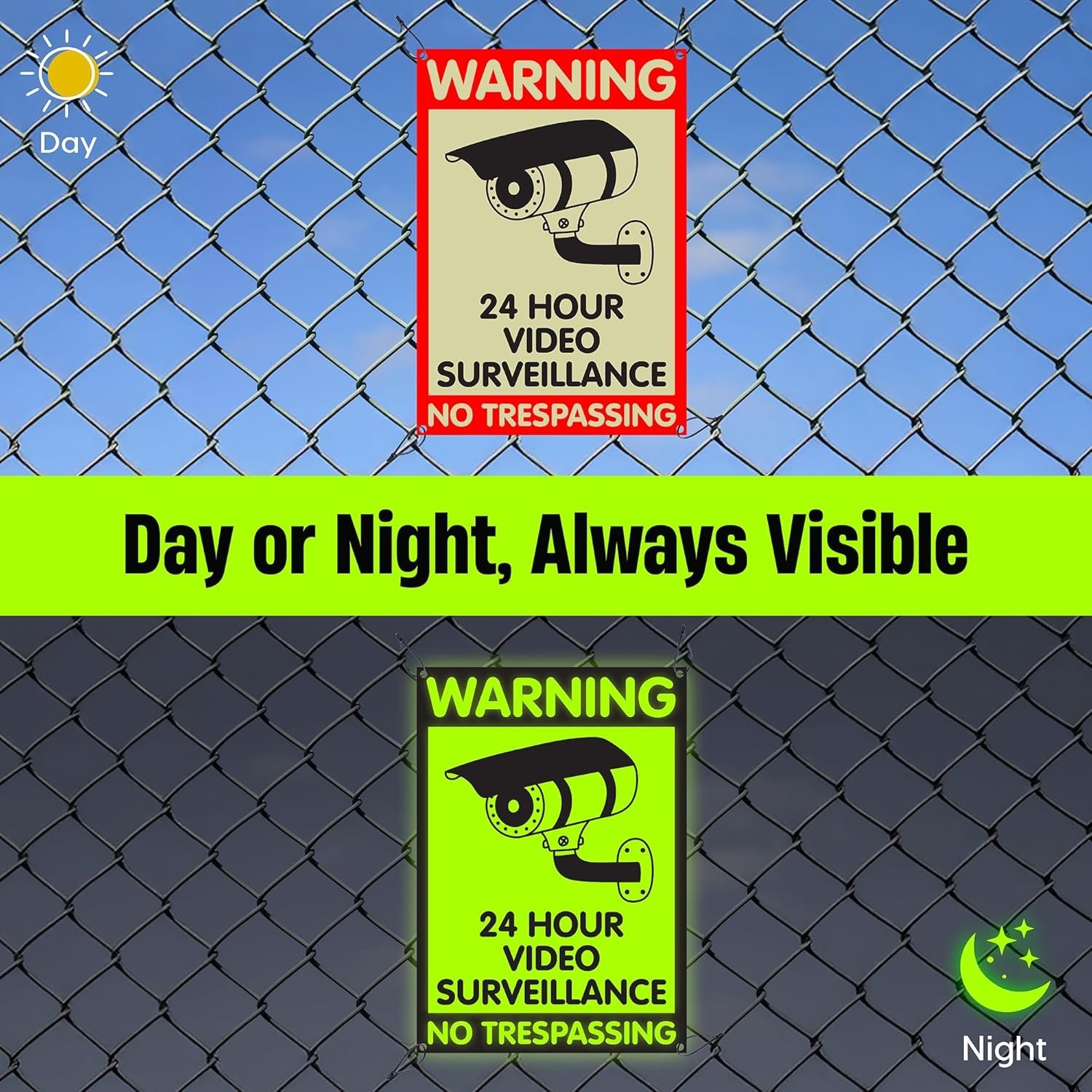 Solar-Powered Glow In The Dark Security Sign – 3.9″ x 2.3″ Waterproof Aluminium