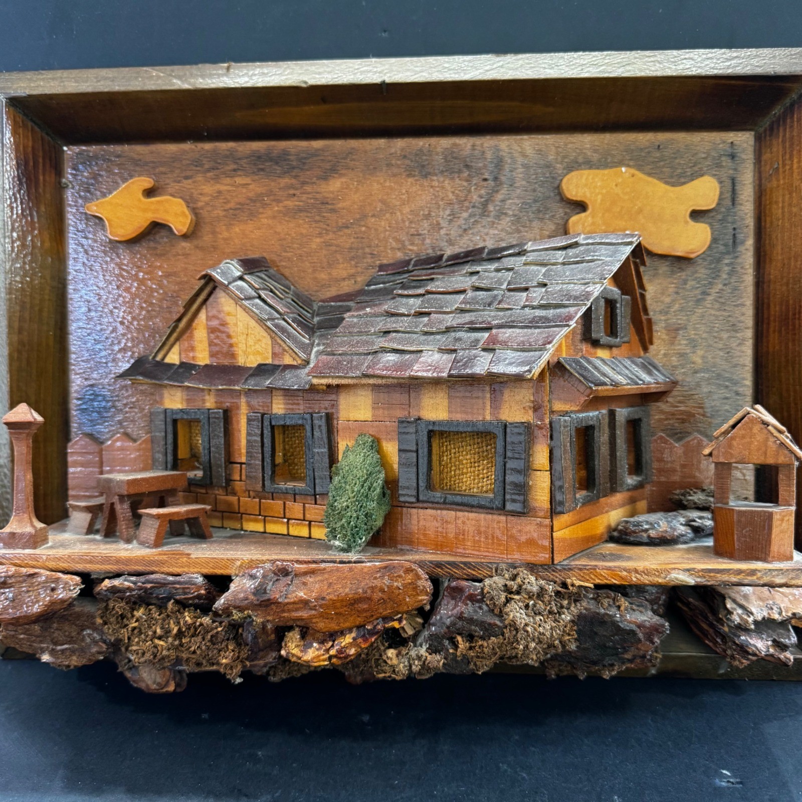 Vintage 3D Wood Wall Art Plaque Rustic Cabin Cottage Diorama Shadow Box Folk Art