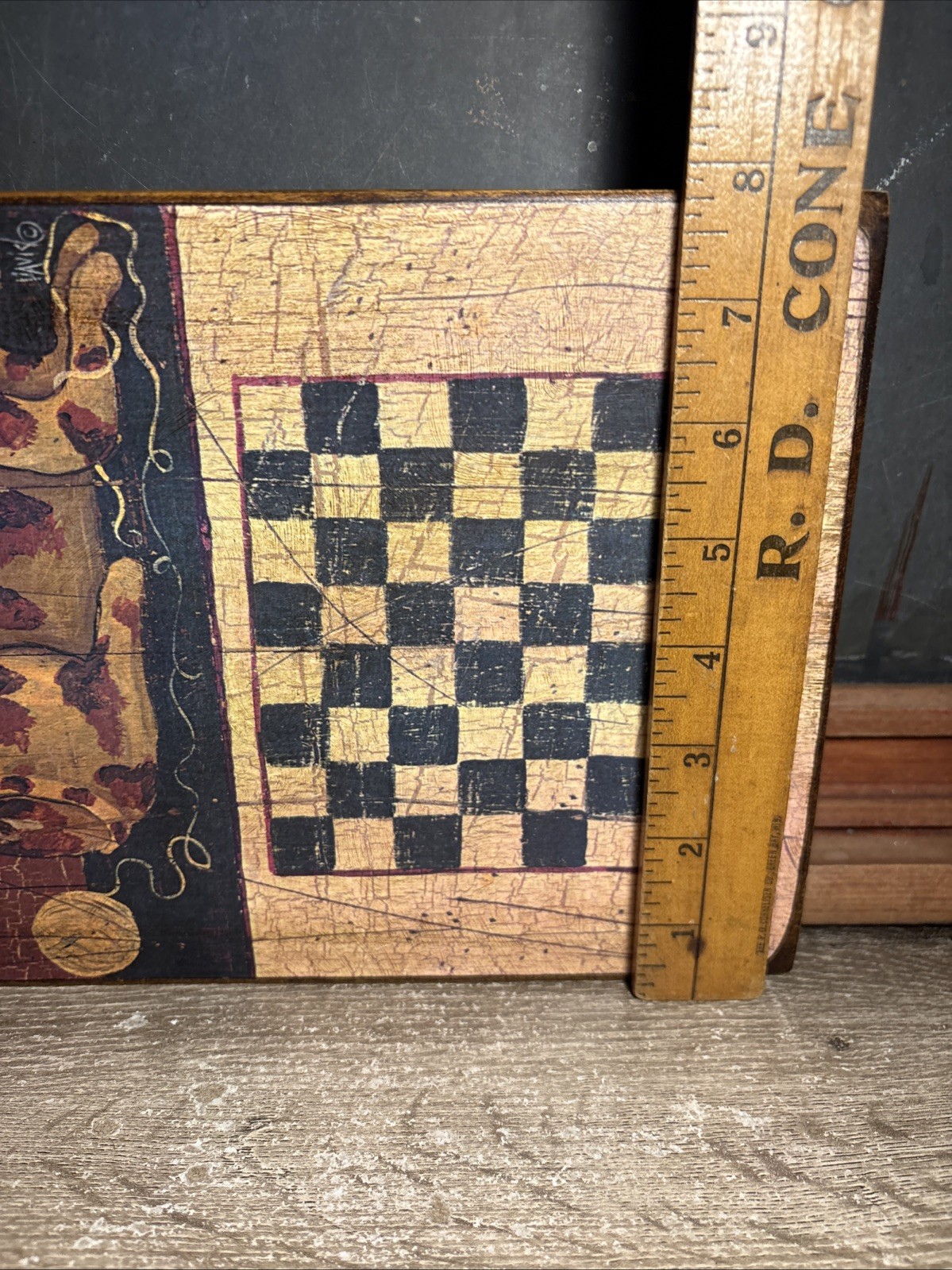 Cat Yarn Ball Primitive Wooden Checkerboard Wall Hanging Davis Folk Art Wood D8