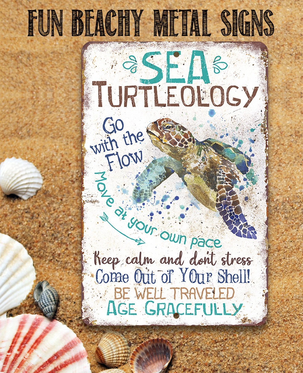 Sea Turtleology Metal Sign Beach House Decor – Sea Turtle Wall Art Bathroom 8×12