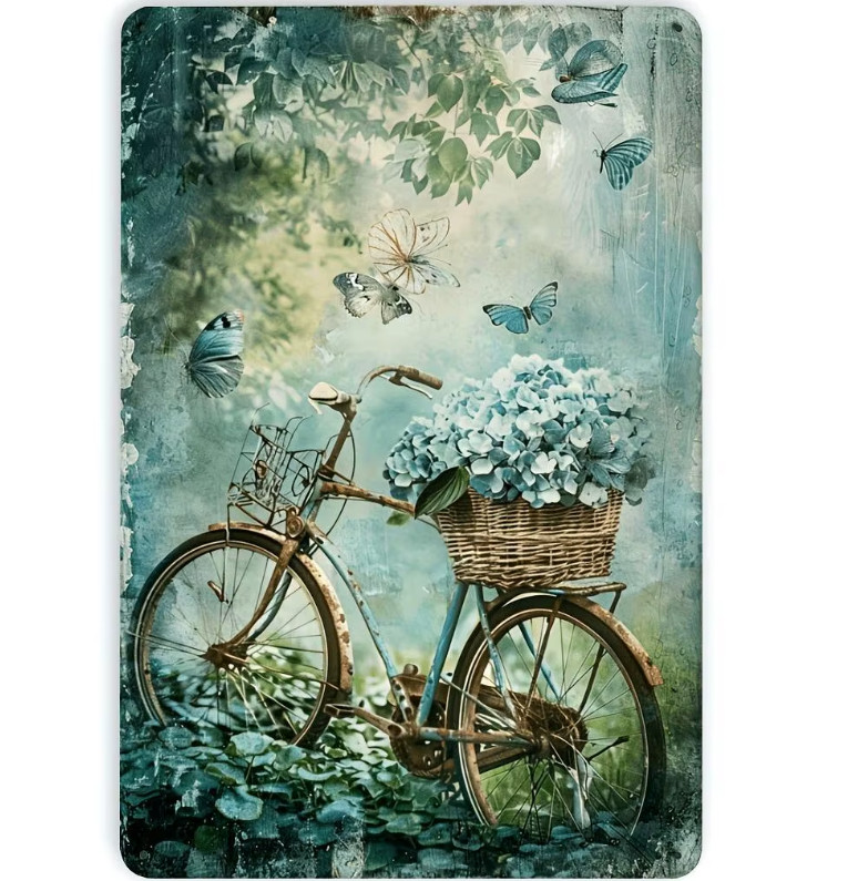 Wall Decor French Country Vintage Bicycle Spring Flowers Metal Tin Sign 8×12