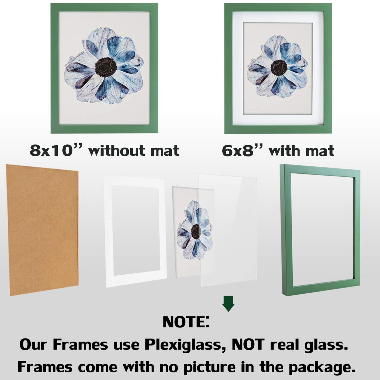 8×10 Green Picture Frames Set of 6 Nature Solid Wood for Wall Mounting and Ta…