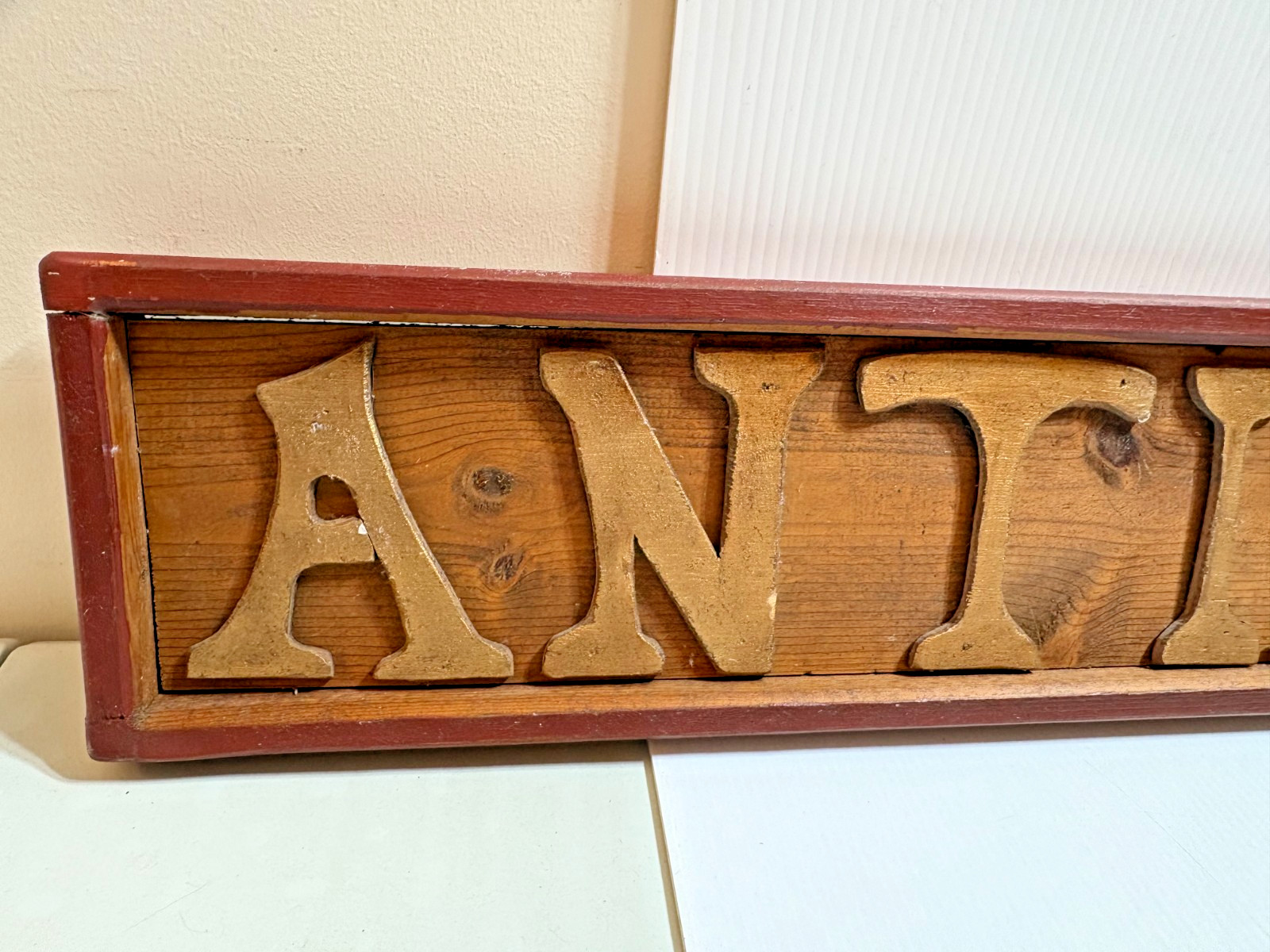 Vintage 39″ ANTIQUES Display Sign Carved Wood Red Border Folk Art Gold Letters