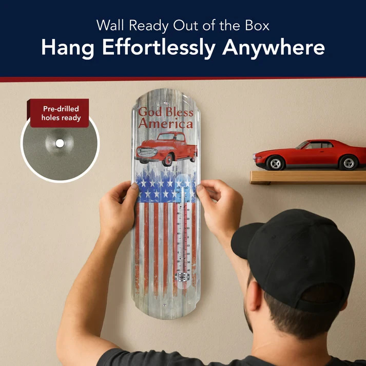God Bless America Metal Wall Thermometer Patriotic Vintage Truck Decor