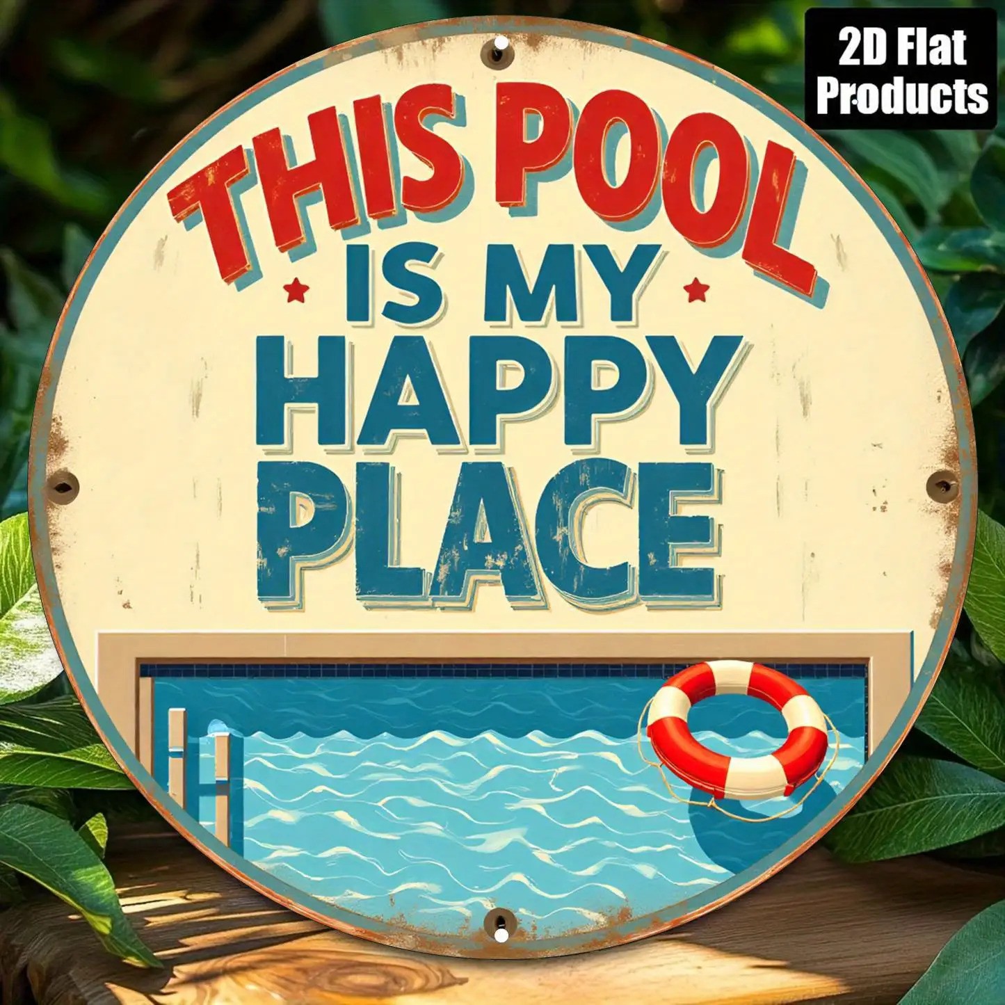 Vintage Pool Sign Unbranded Metal Aluminum 8 Inch Round Red Blue Decor