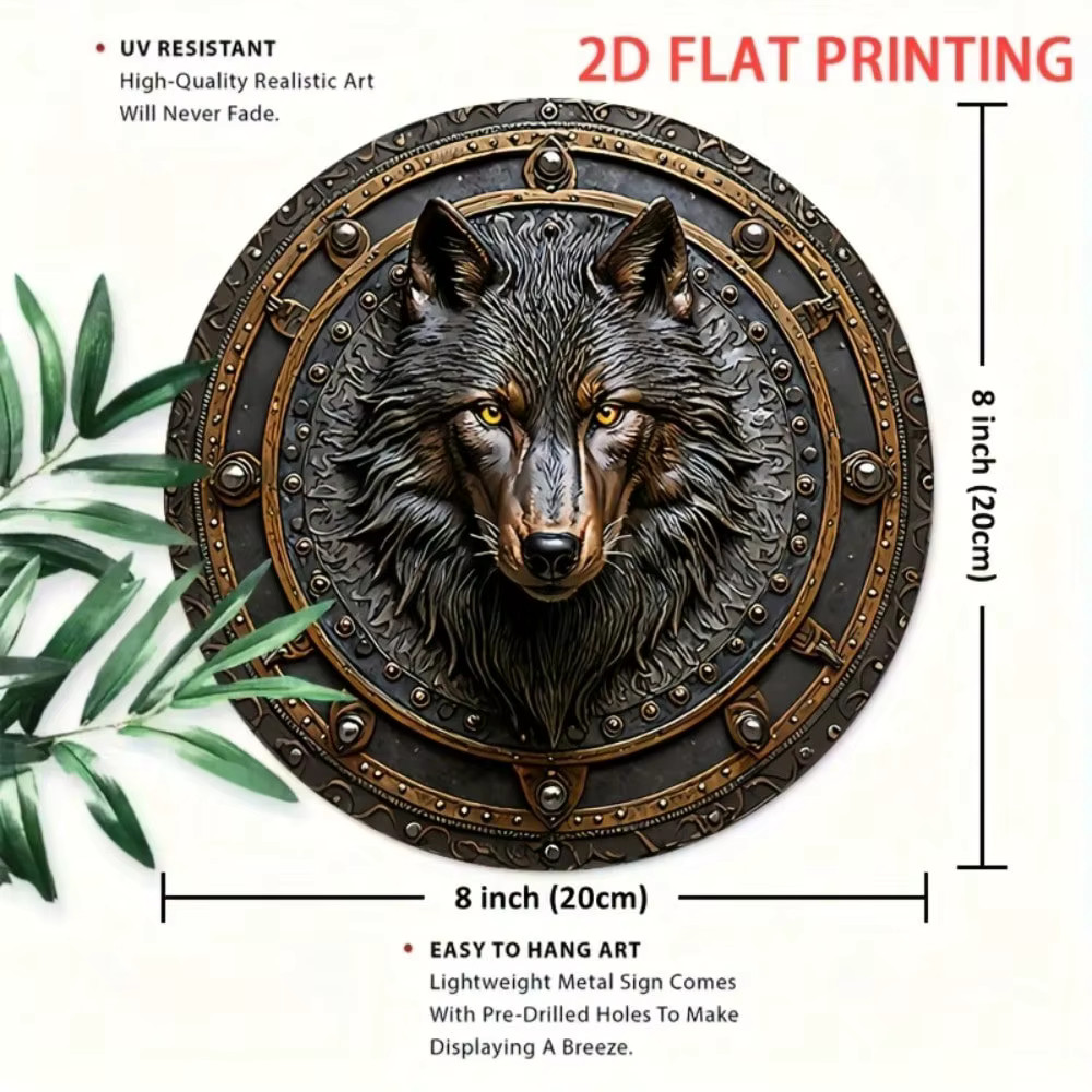 Viking Wolf Shield Metal Wall Art Norse Mythology Round Plaque 8” Warrior Deco