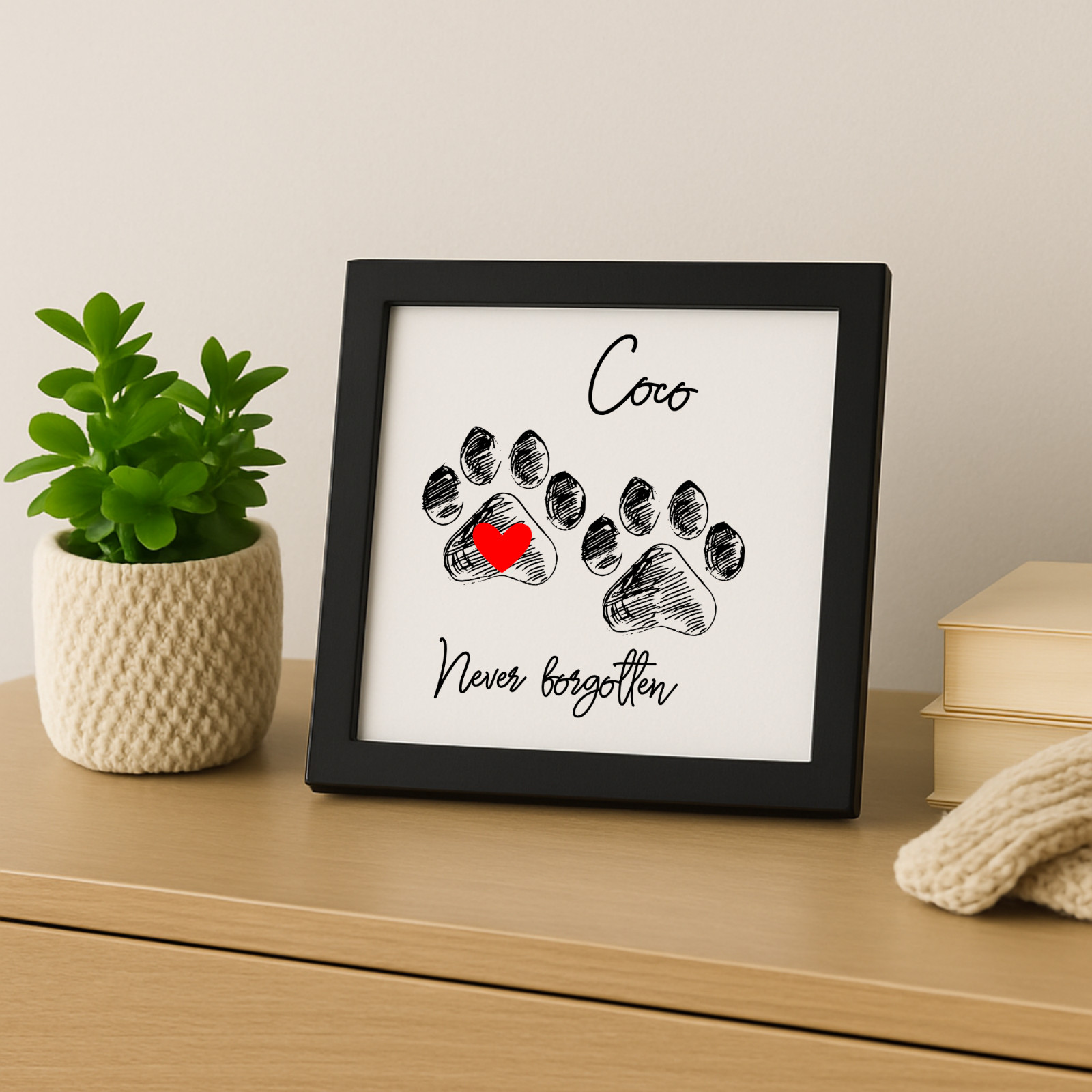 Personalized Dog Paw Memorial Sign Laser Engraved Pet Loss Gift on Wood in Frame