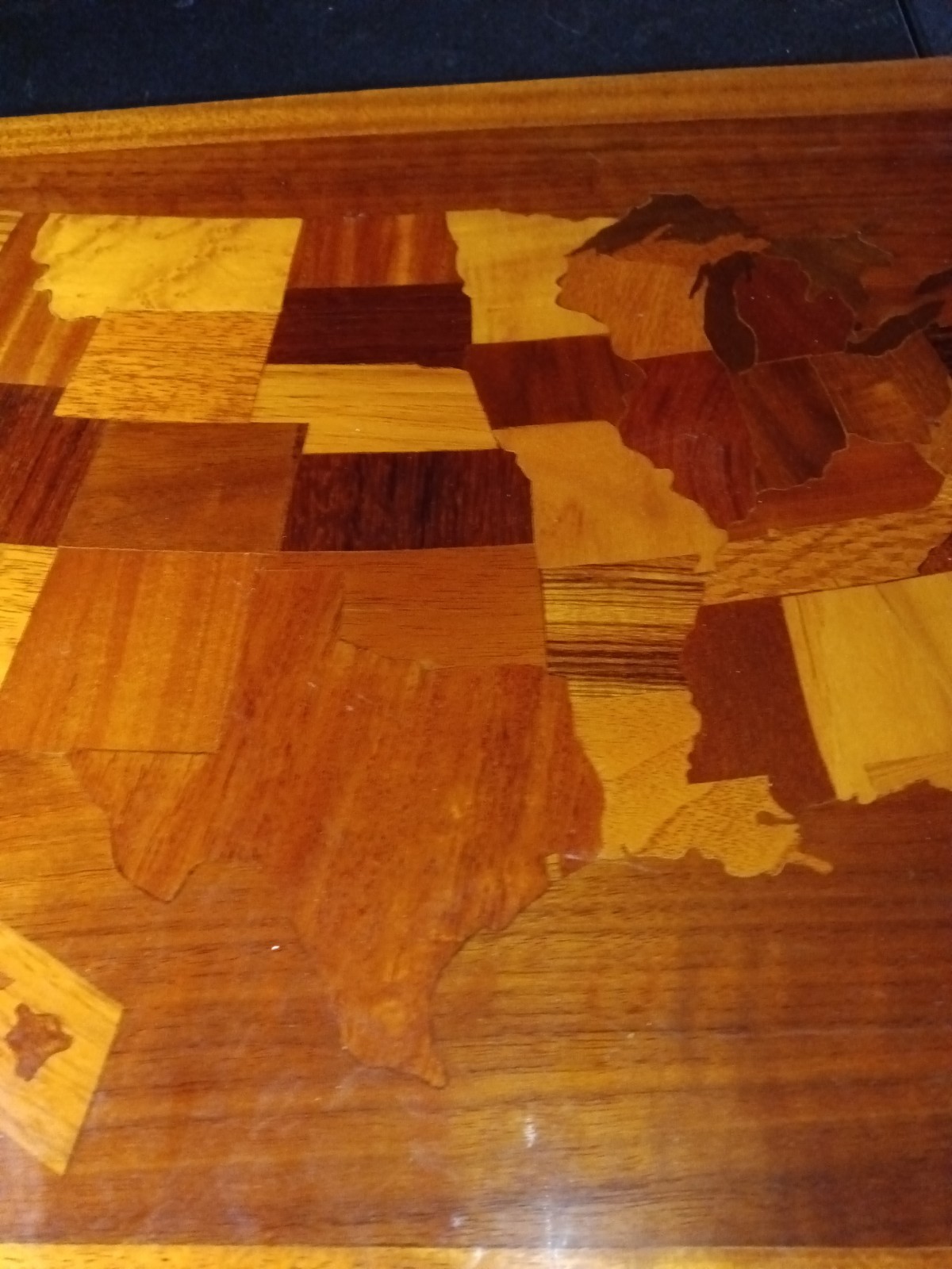 Rare Wood Inlay Map Of The USA. Unsigned Beautiful All Different Wood Hand Made