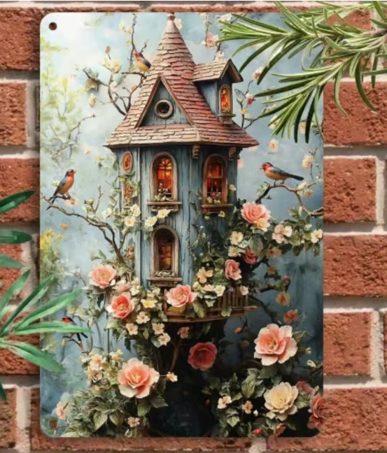 French Country Farmhouse Vintage Bird House Floral Spring Metal Art Sign 8×12