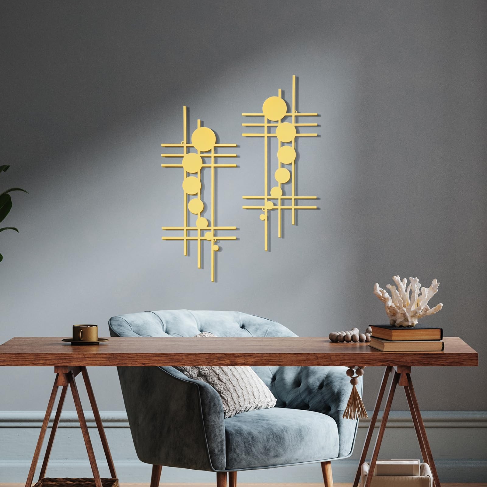 Metal Wall Art Abstract Minimalist Sculpture Geometric Decor Black 15.75 In 2PC