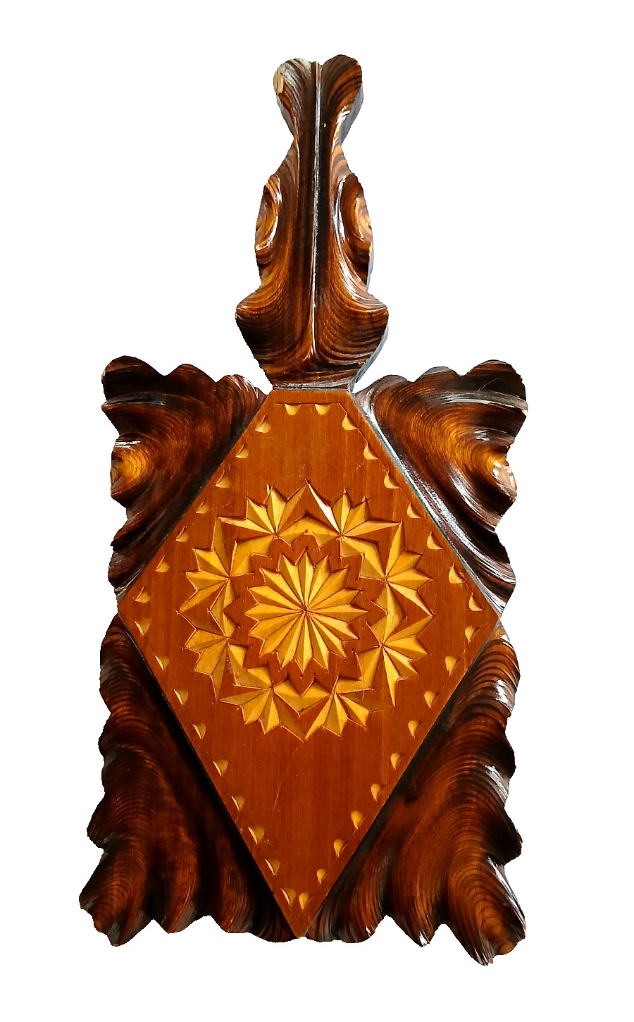 Chip Carved Solid Wood Stained Wall Plaque Folk Art Geometric Inlay Pattern 12″