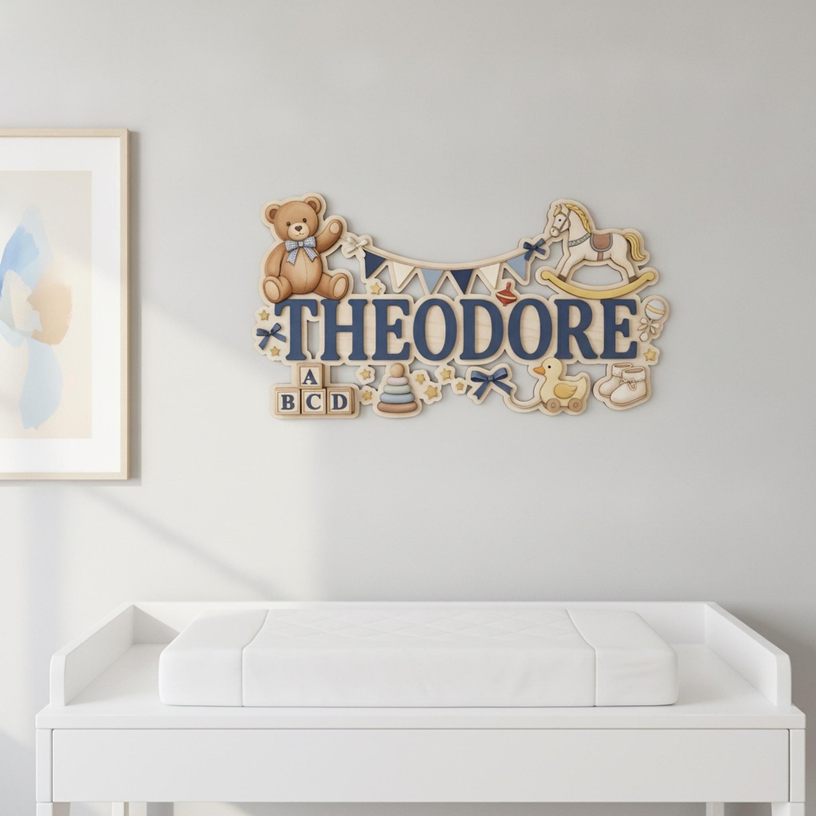 Custom Baby Name Sign Wood, Personalized Teddy Bear Nursery Door Hanger, 3D