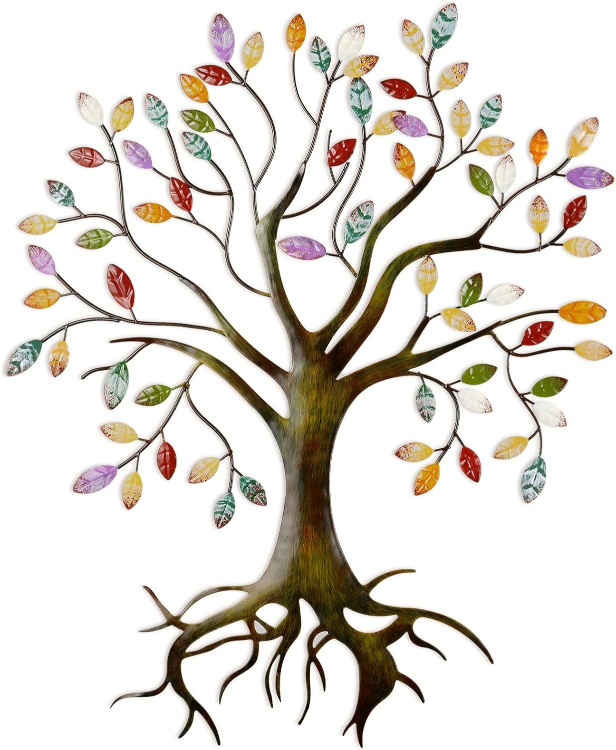 Moxweyeni Metal Tree Wall Sculpture Gold Tree Home Decor Multi Colored Leaf A…