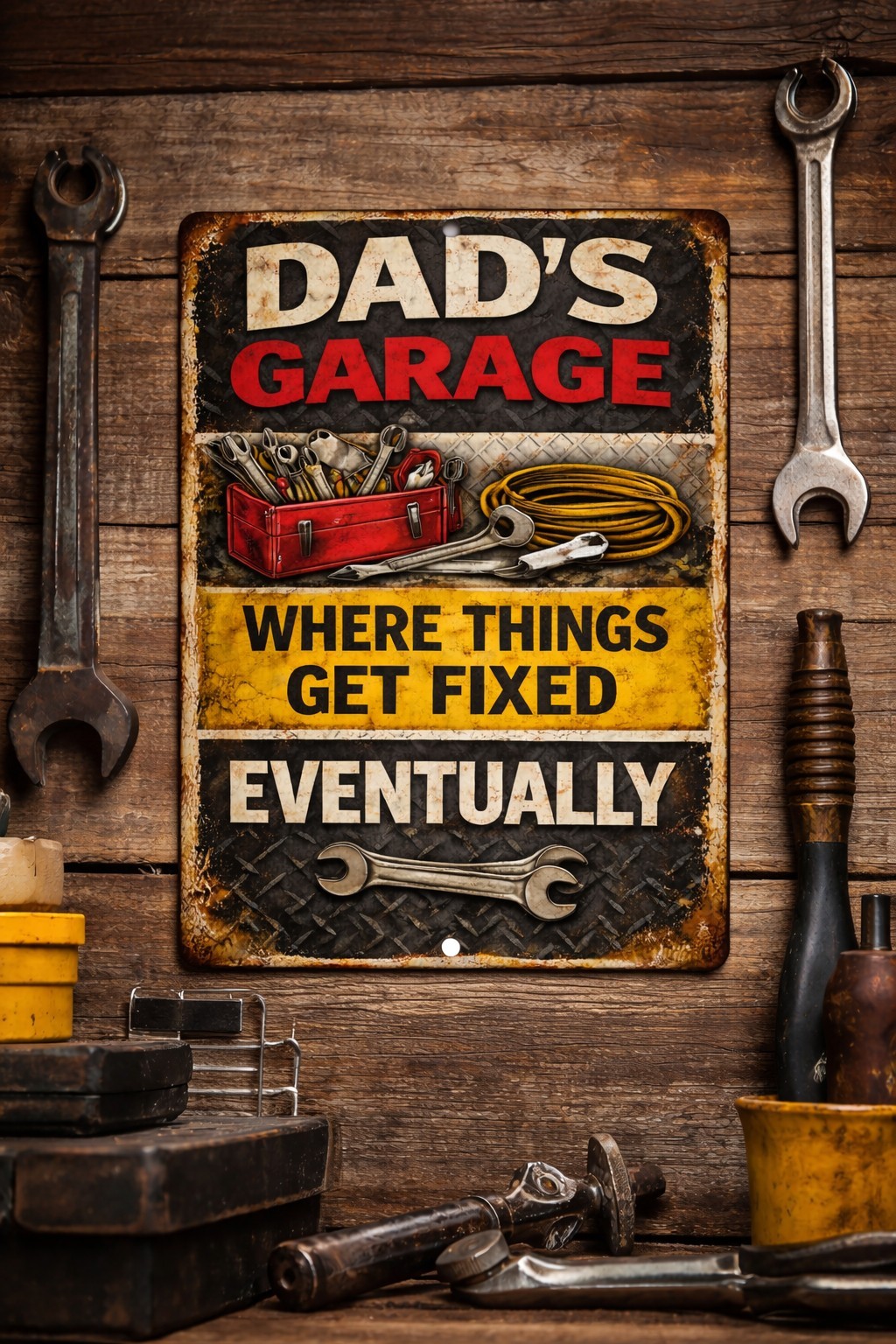 Dad’s Garage Where Things Get Fixed Eventually Funny Garage Metal Tin Sign 8×12