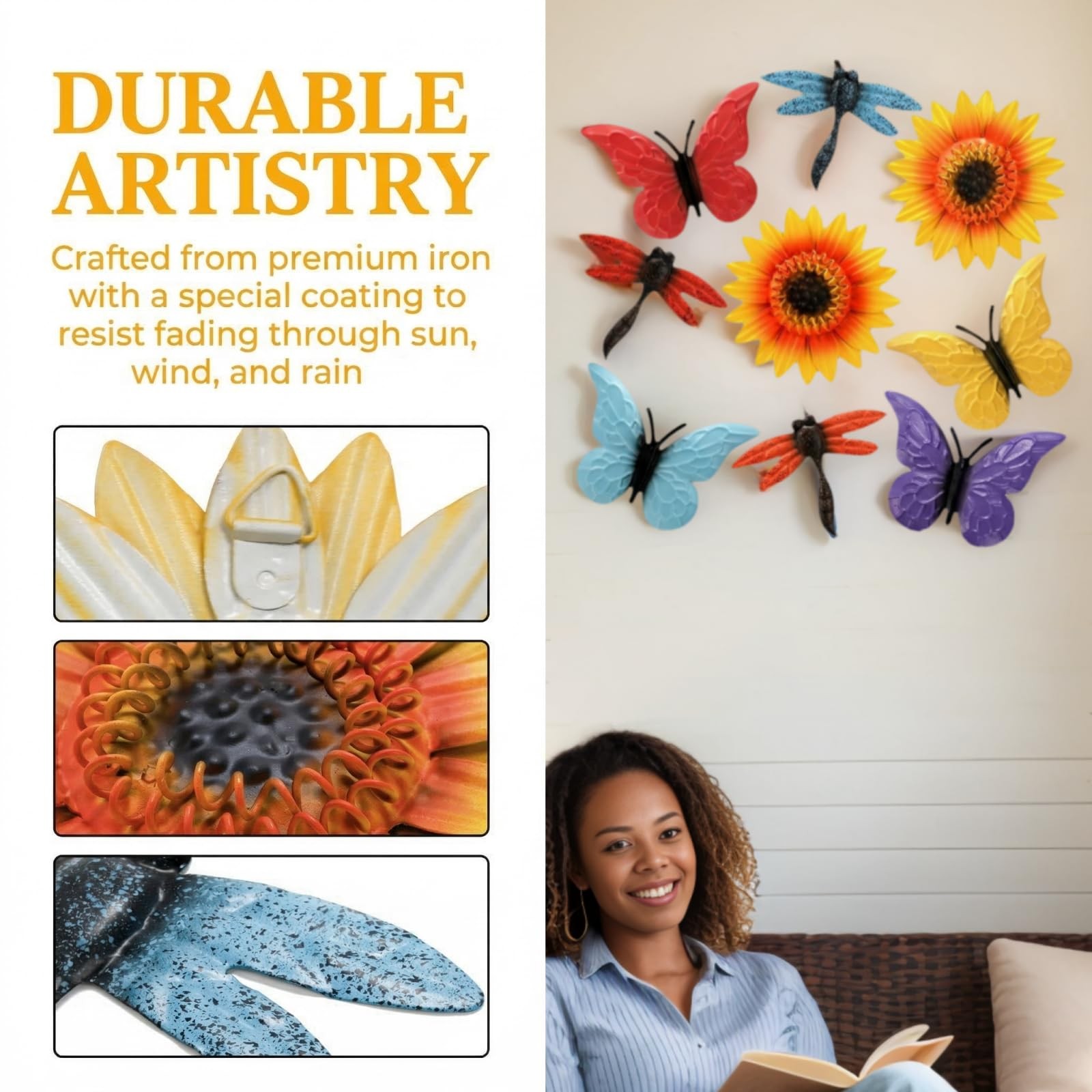 9 Pack Metal Flowers Wall Decor, Small Outdoor Fence Decoration, Butterfly Dr…