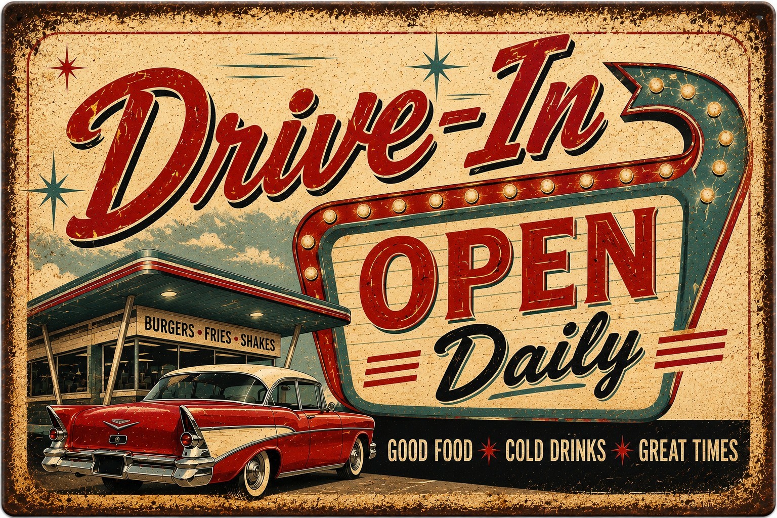 Drive-In Open Daily Retro Diner Sign Vintage 50s Restaurant Decor Classic 12×8