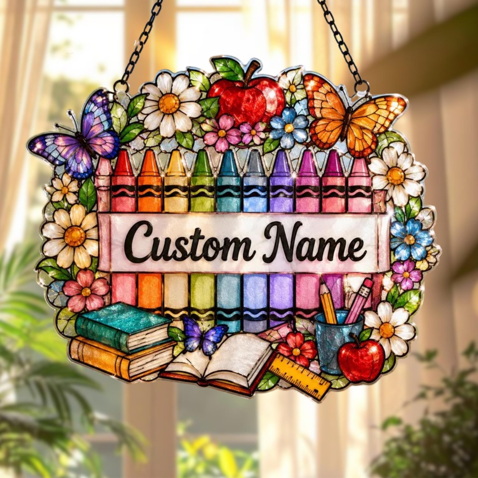 Custom Teacher Name Suncatcher – Personalized Crayon Acrylic Classroom Decor