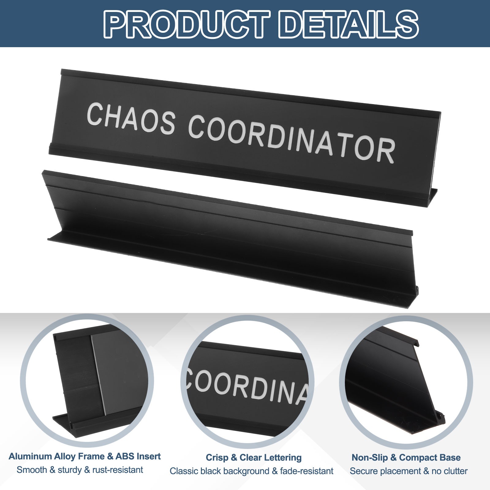 CHAOS COORDINATOR Desk Name Plate, Aluminum Desk Plaque, Black/White on Black