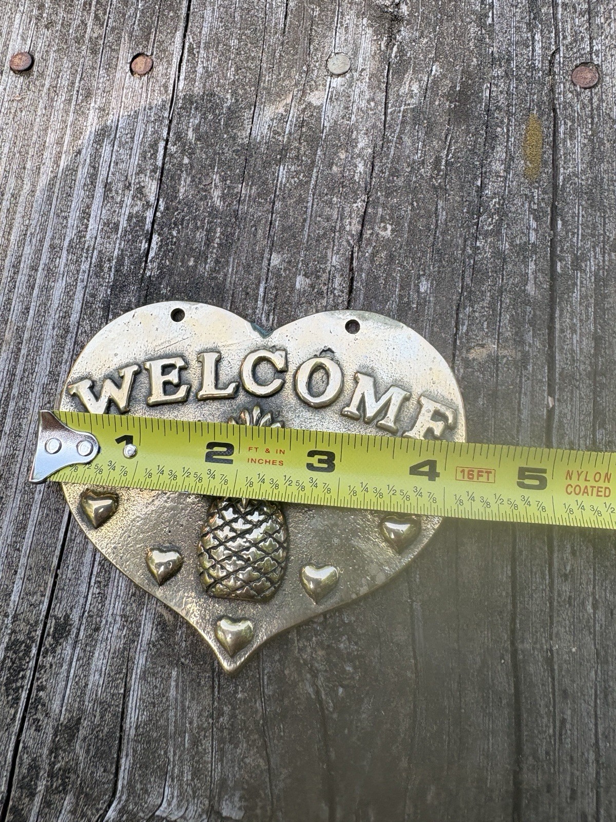Brass WELCOME pineapple door plaque sign 4″×4″ oval VINTAGE MCM Colonial