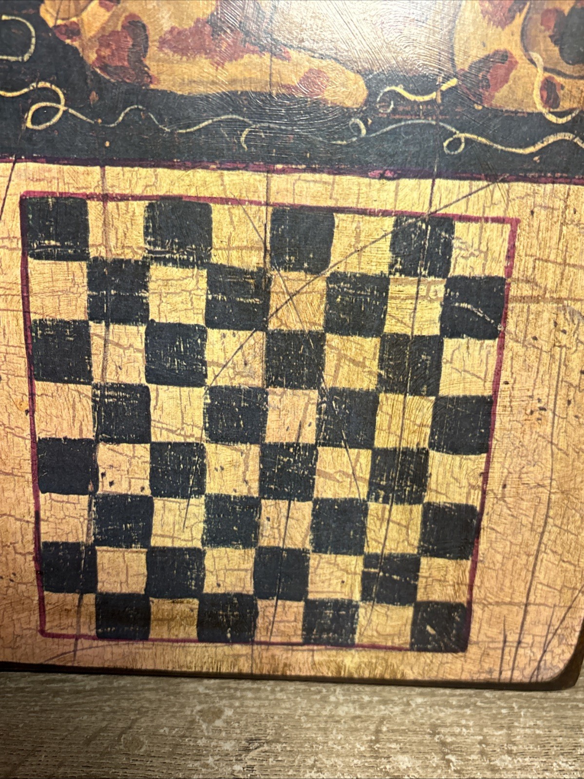 Cat Yarn Ball Primitive Wooden Checkerboard Wall Hanging Davis Folk Art Wood D8