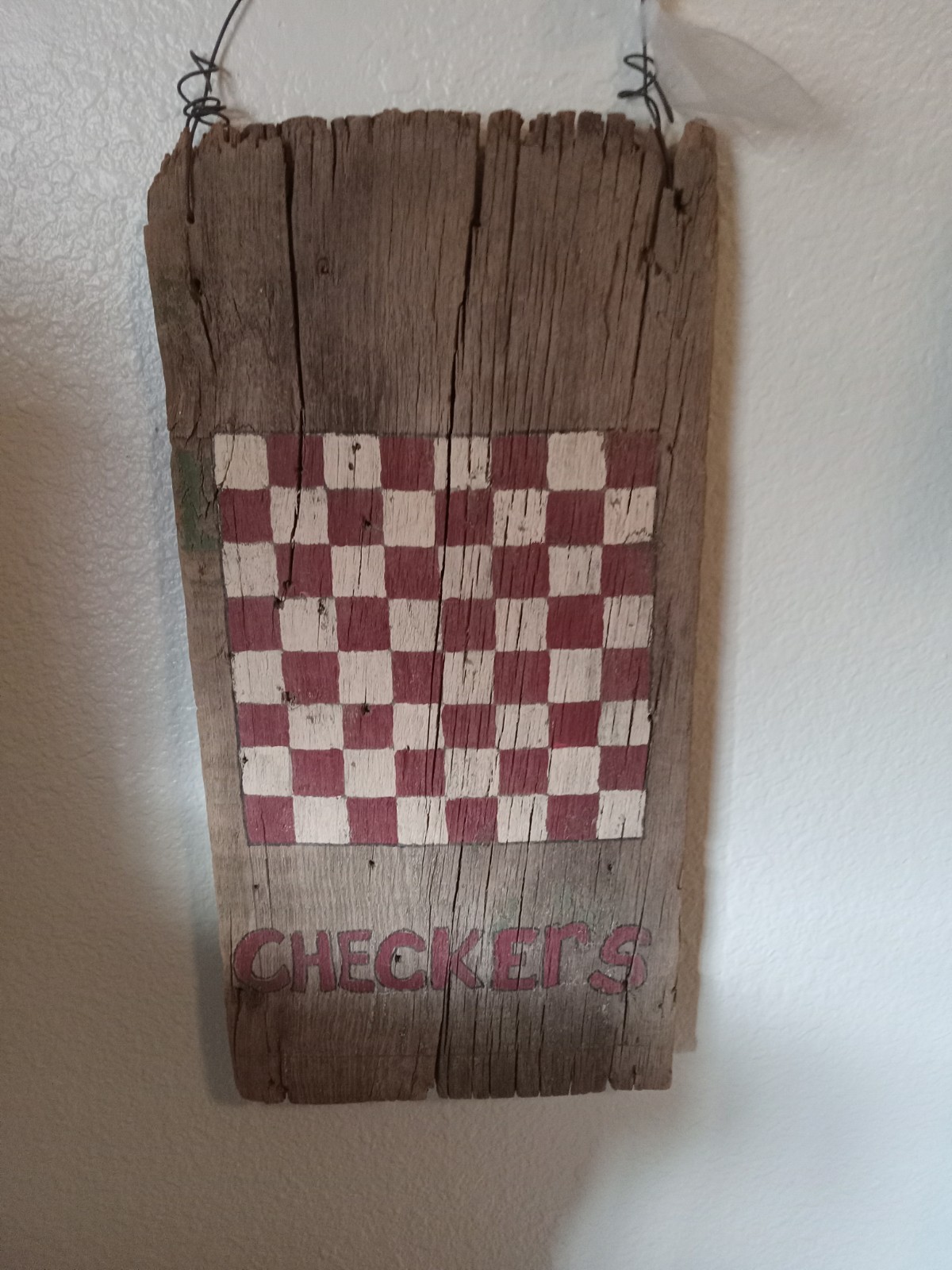 Checkers Rustic Wood Hanging Wall Sign Vertical Rectangular Brown Red White