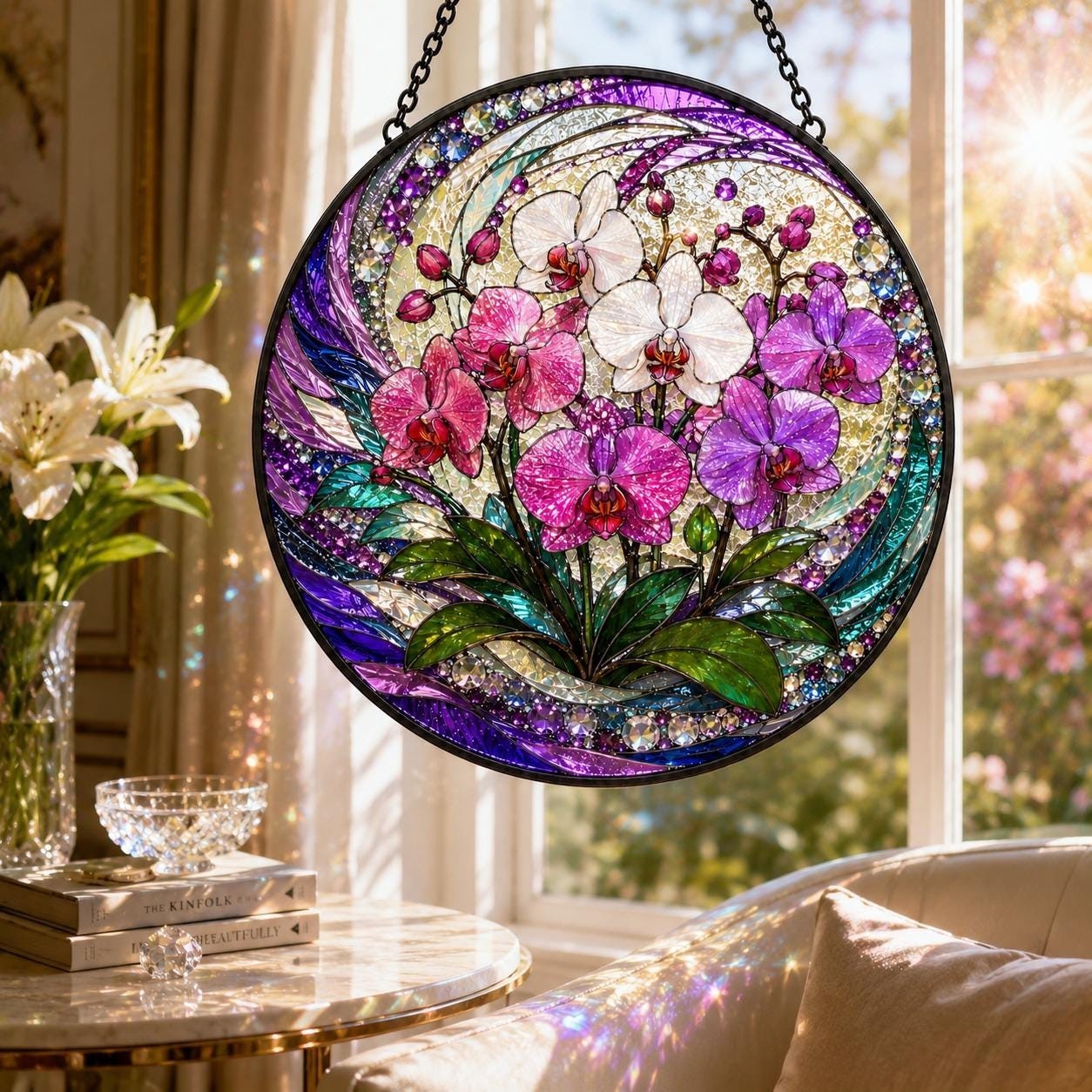 Orchid Stained Glass Elegant Floral Window Hanging, Botanical Glass