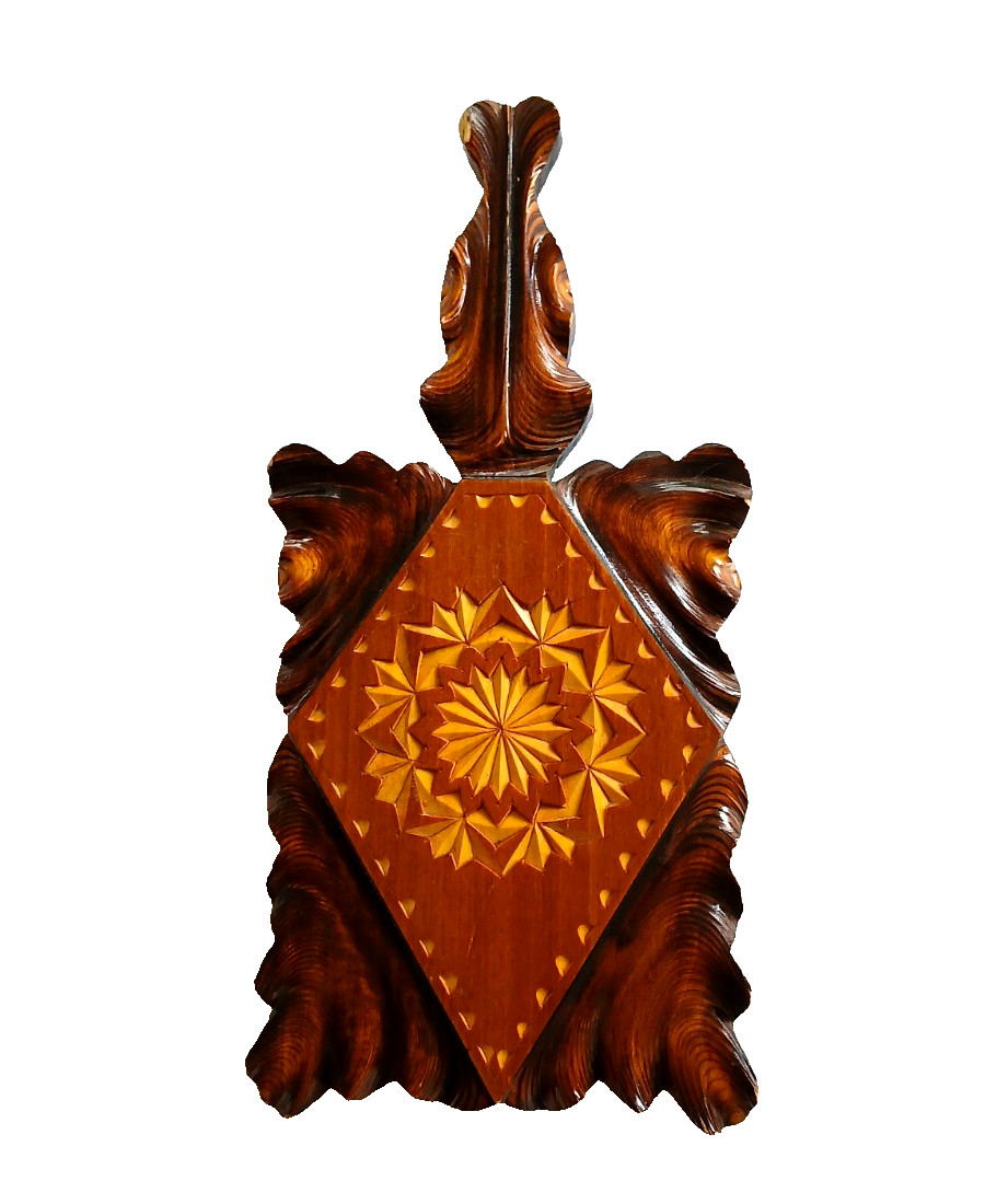 Chip Carved Solid Wood Stained Wall Plaque Folk Art Geometric Inlay Pattern 12″