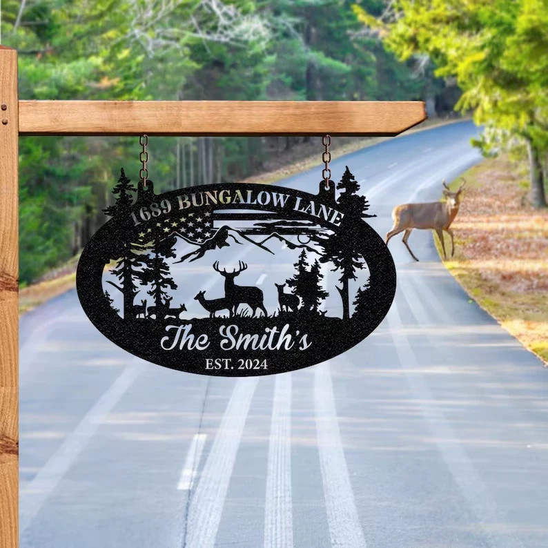 Personalized Deer Metal Address Sign, Outdoor Hunting, Deer Hunter Gift