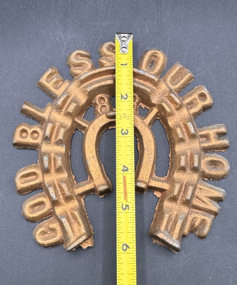 Vintage Gold Painted Iron “God Bless our Home” Good Luck Double Horseshoe Sign