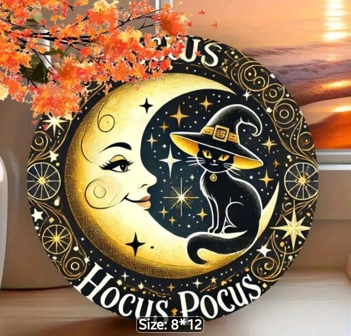 Hocus Pocus Black Cat Moon 8″ Round Metal Wall Art Sign Halloween Decor