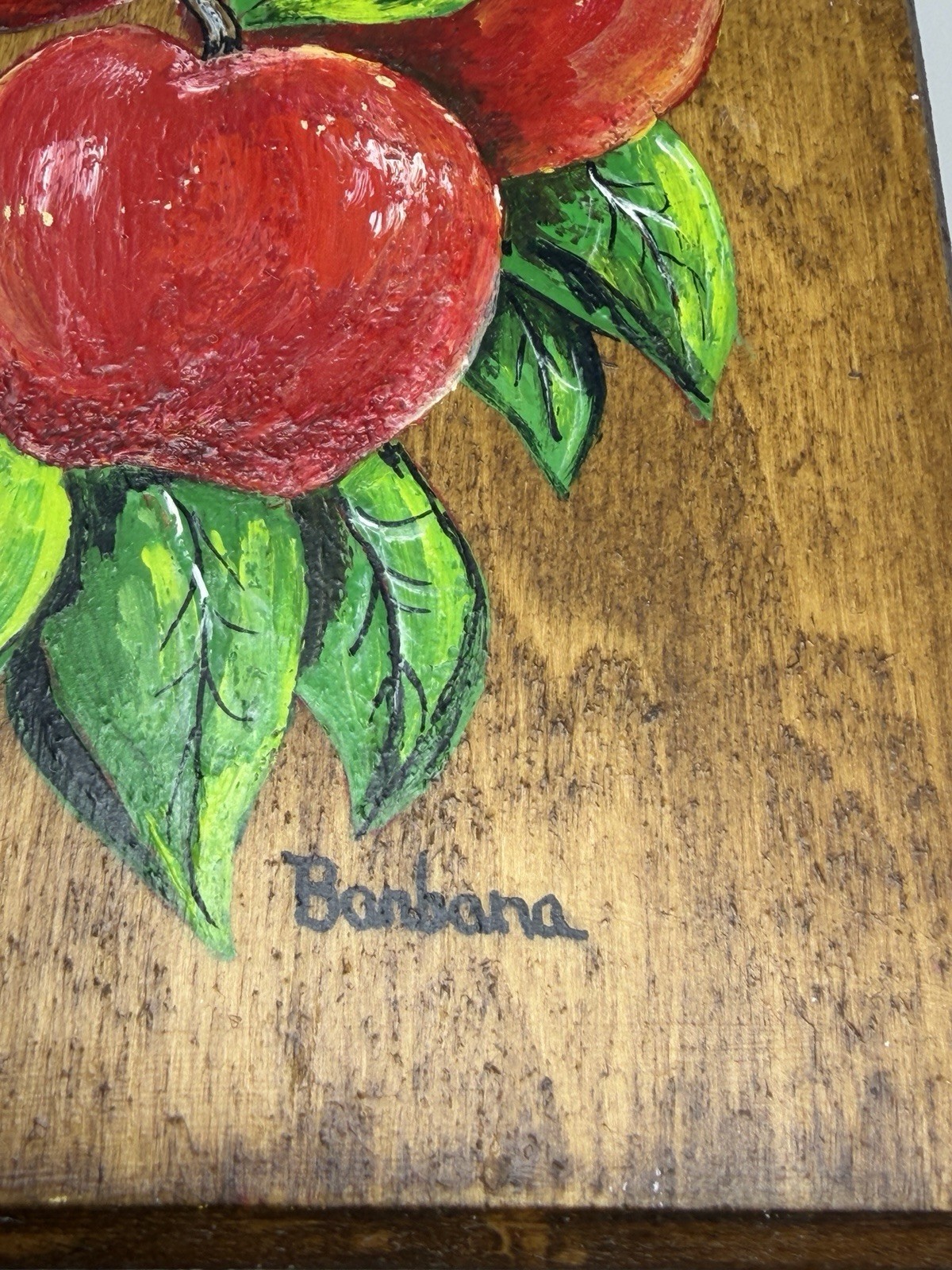 VTG Hand Painted Apple & Strawberry Wood Wall Plaque Set Cottage Core Signed