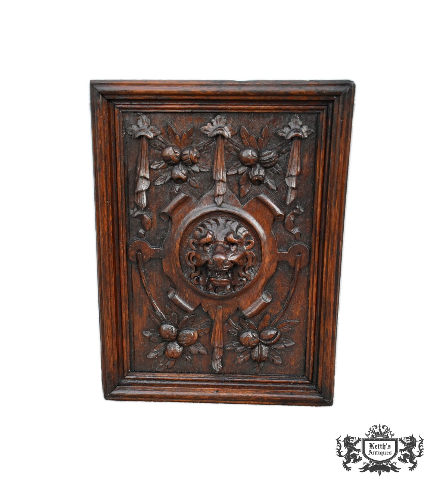 Antique Tudor Carved Oak Lion Plaque Wall Panel Wood Relief Head Mask Victorian