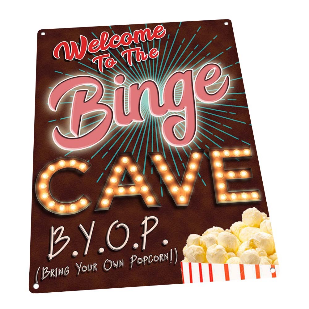 Welcome to the Binge Cave Metal Sign; Wall Decor for Mancave, Den, or Gameroom