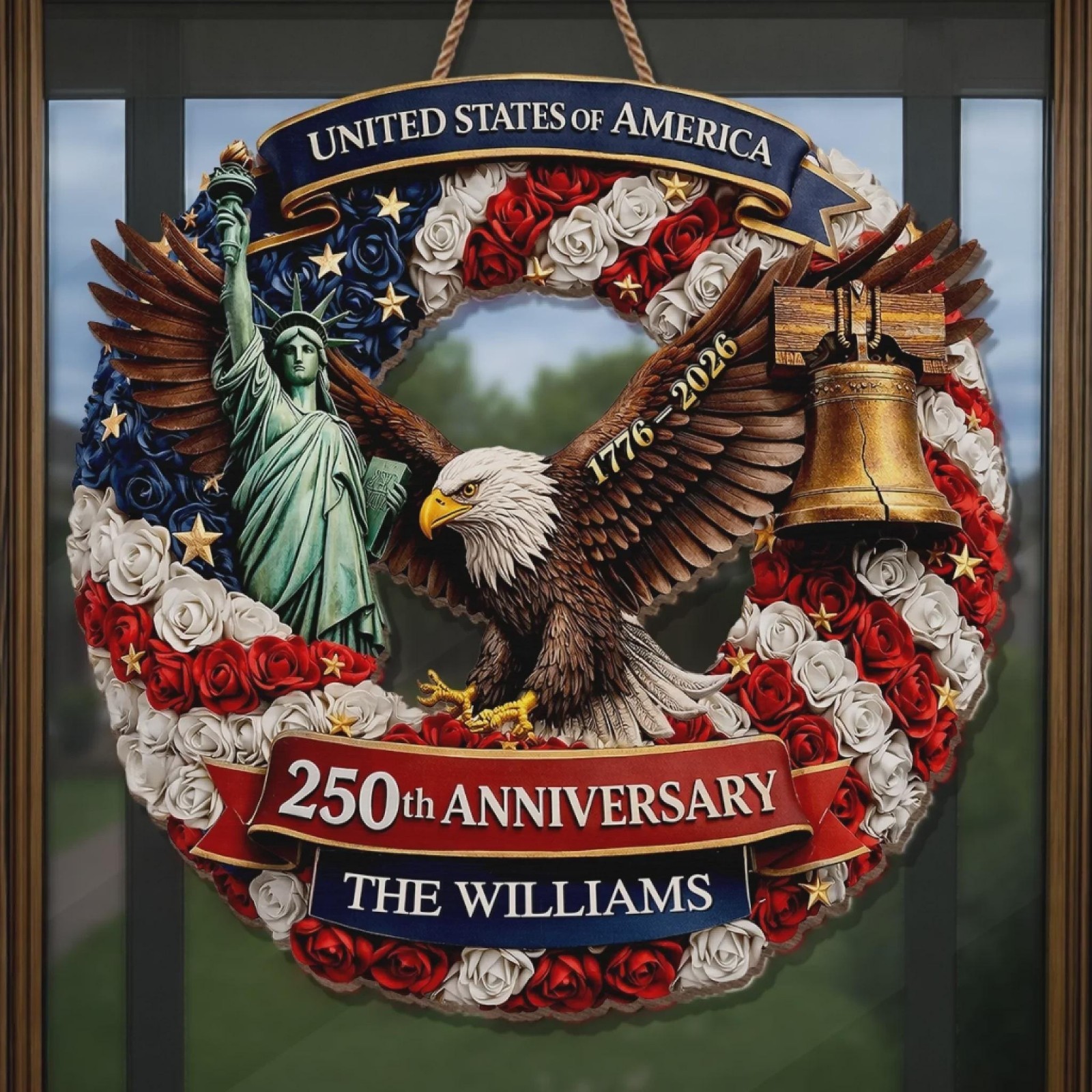 Personalized America 250th Anniversary Wood Wreath – Patriotic Eagle Door Sign,