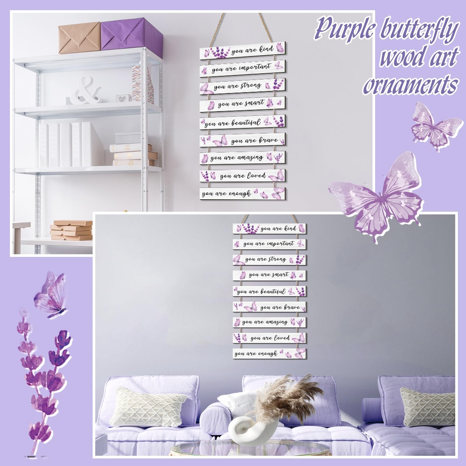 9 Pcs Bedroom Purple Butterfly Inspirational Wall Art Decor Purple Nursery Wo…