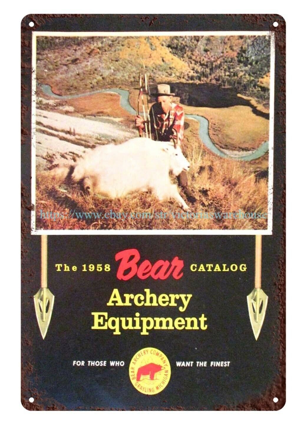 decor art 1958 Bear Archery catalog cover Fred Bear metal tin sign