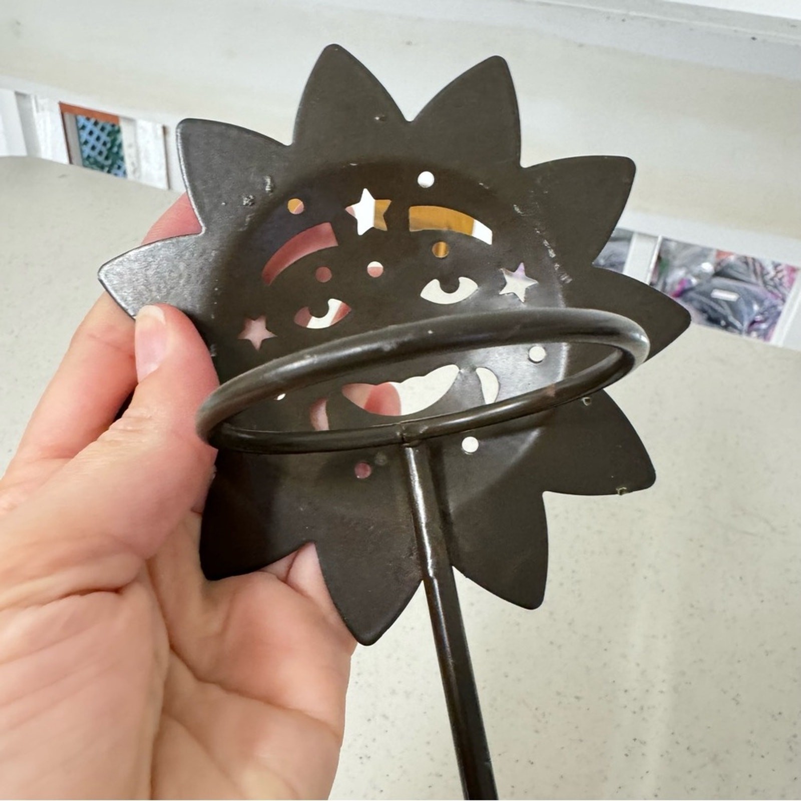 Black Metal Sun Smiling Candle Holder Stand Room Decor Celestial Stars Boho