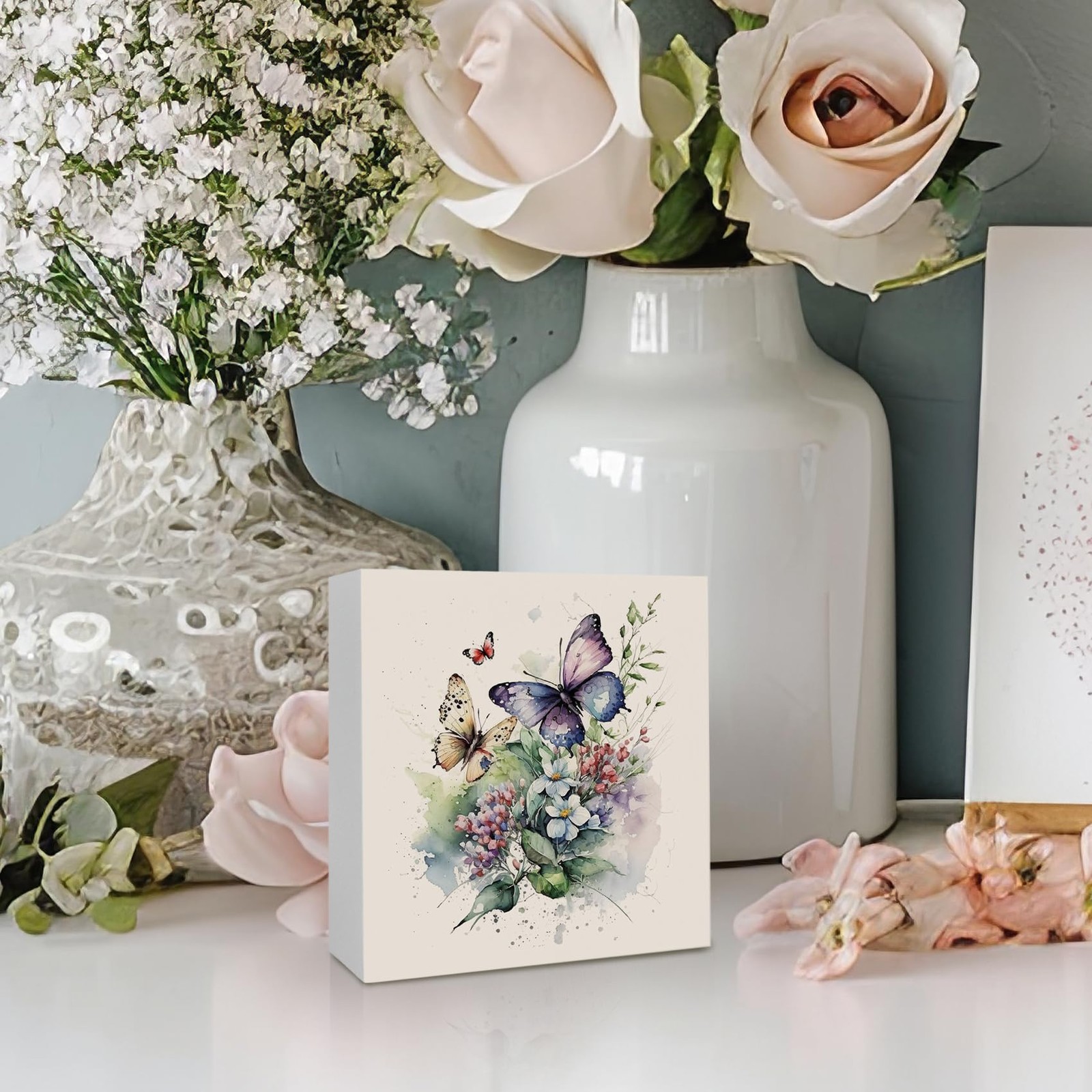 Vintage Butterfly Floral Wooden Box Sign Desk Decor, Butterfly Bathroom Decor…