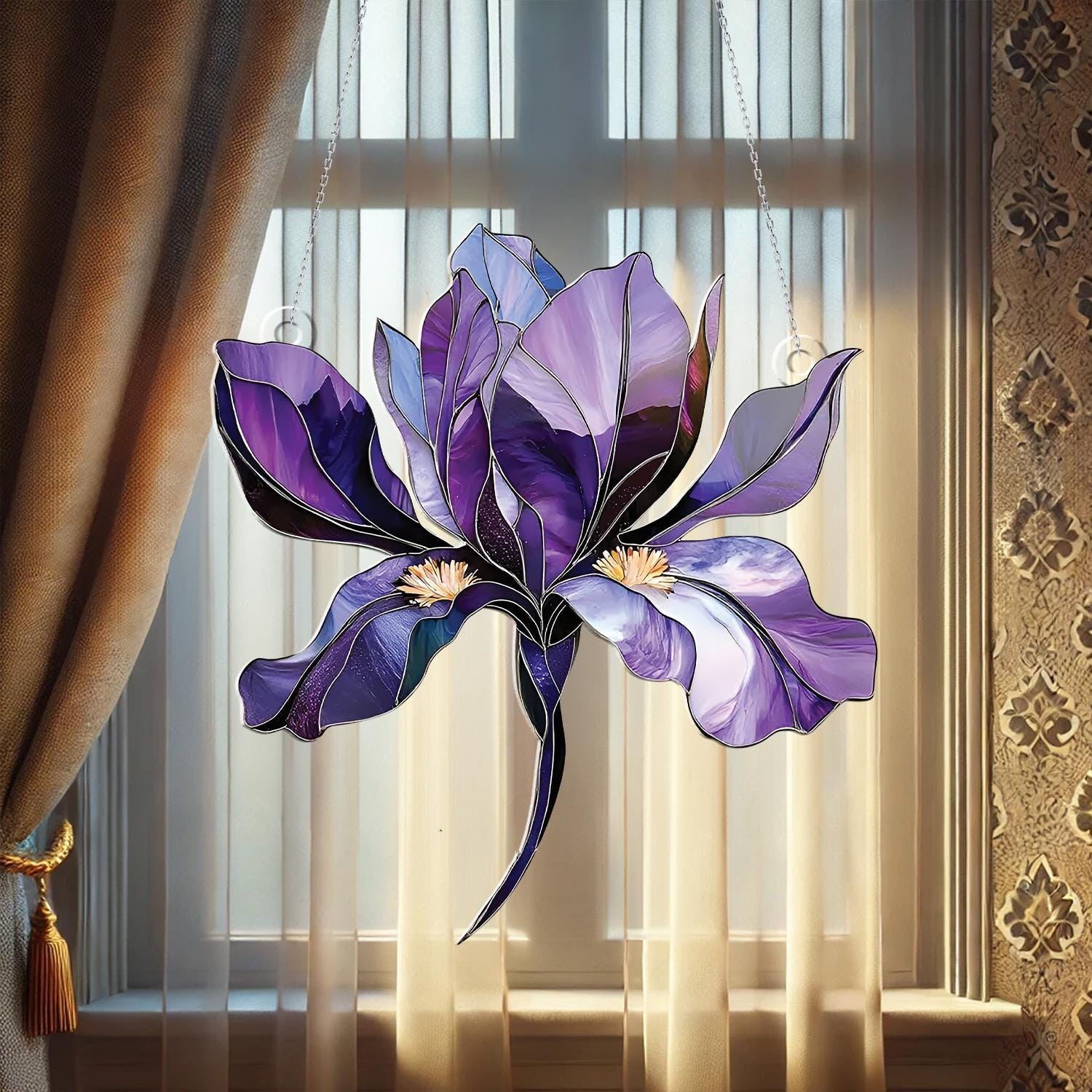 Iris Flower Window Hanging Acrylic, Elegant Floral Suncatcher, Handcrafted Home