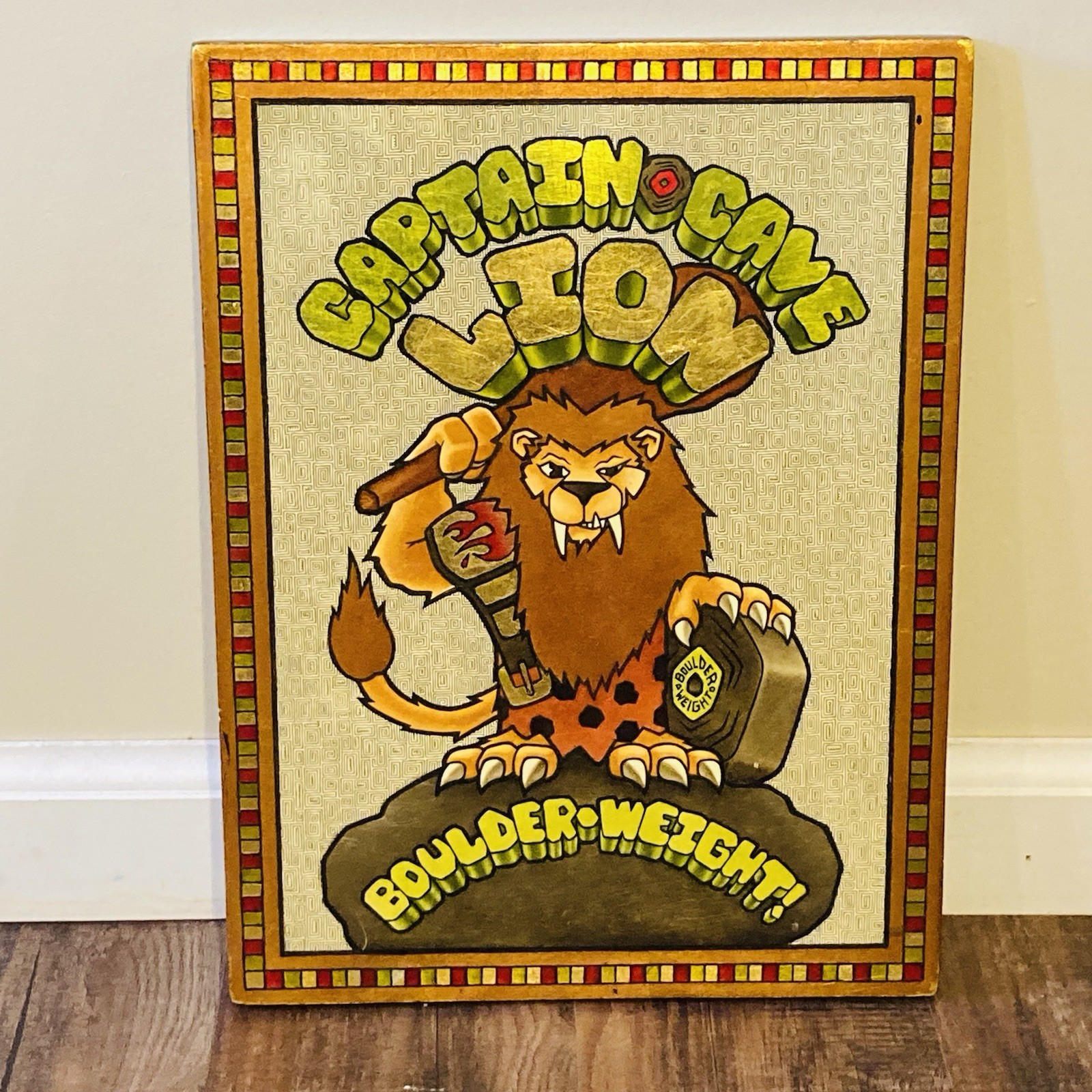 Capt. Cave Lion Boulder Weight Lifting Champion Gym Man Cave Art Wood Plaque