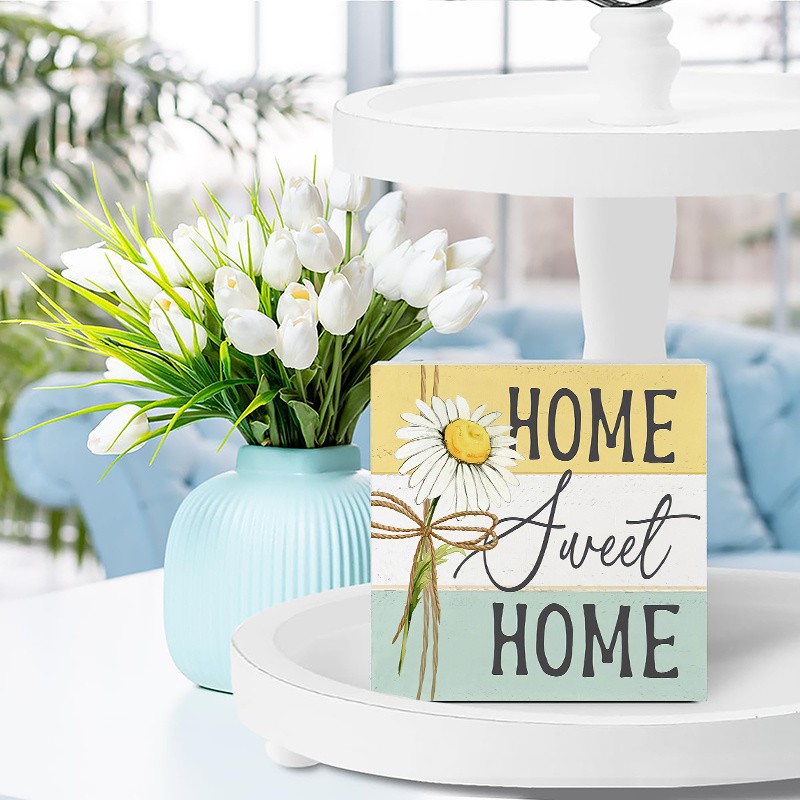 2D Desktop Square Daisy Flower Art Wooden Sign Home Office Room Decoration Gift