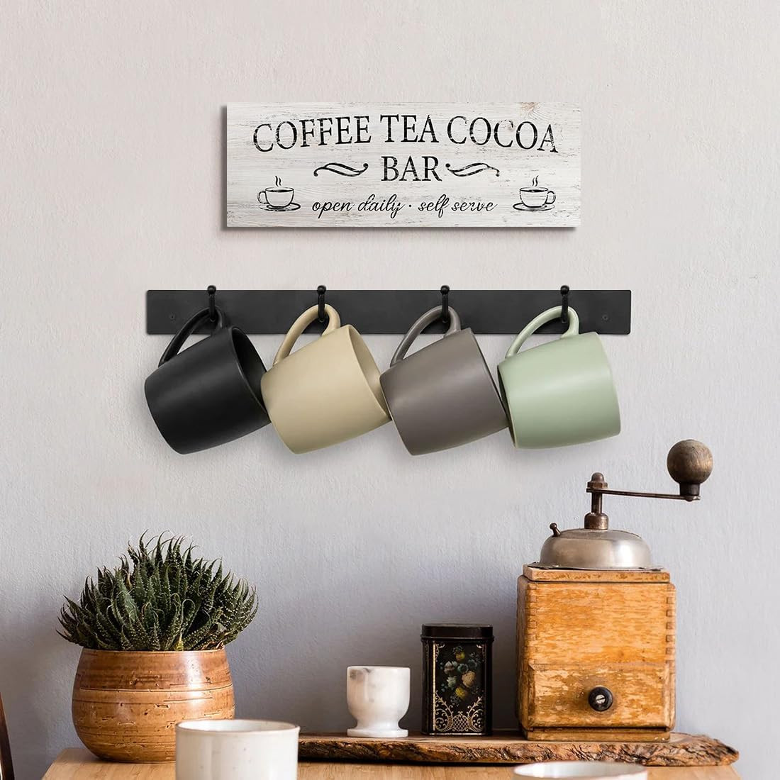 Coffee Tea Cocoa Bar Sign Decor Farmhouse Wall Plaque with Wood Grain Retro Cafe