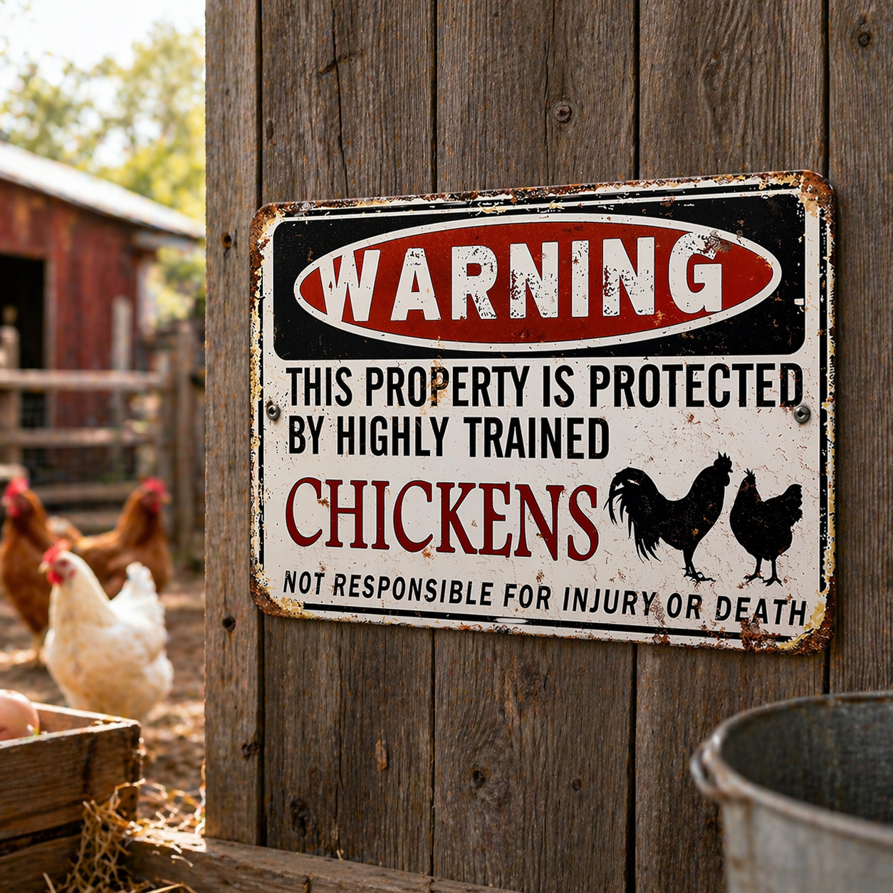 Funny Chicken Coop Warning Sign – Rustic Farmhouse Decor 12×8 Inch Aluminum